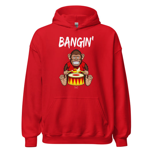 Bangin drummer monkey hoodie, bright red, by Stormseye Design
