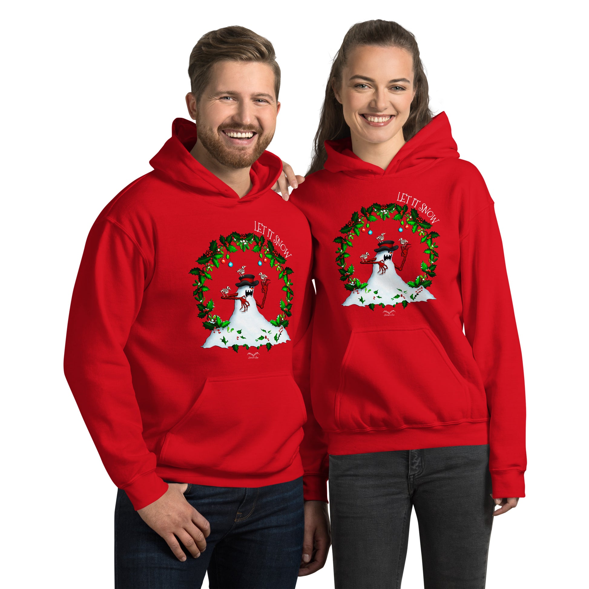 stormseye design evil snowman christmas hoodie modelled view red