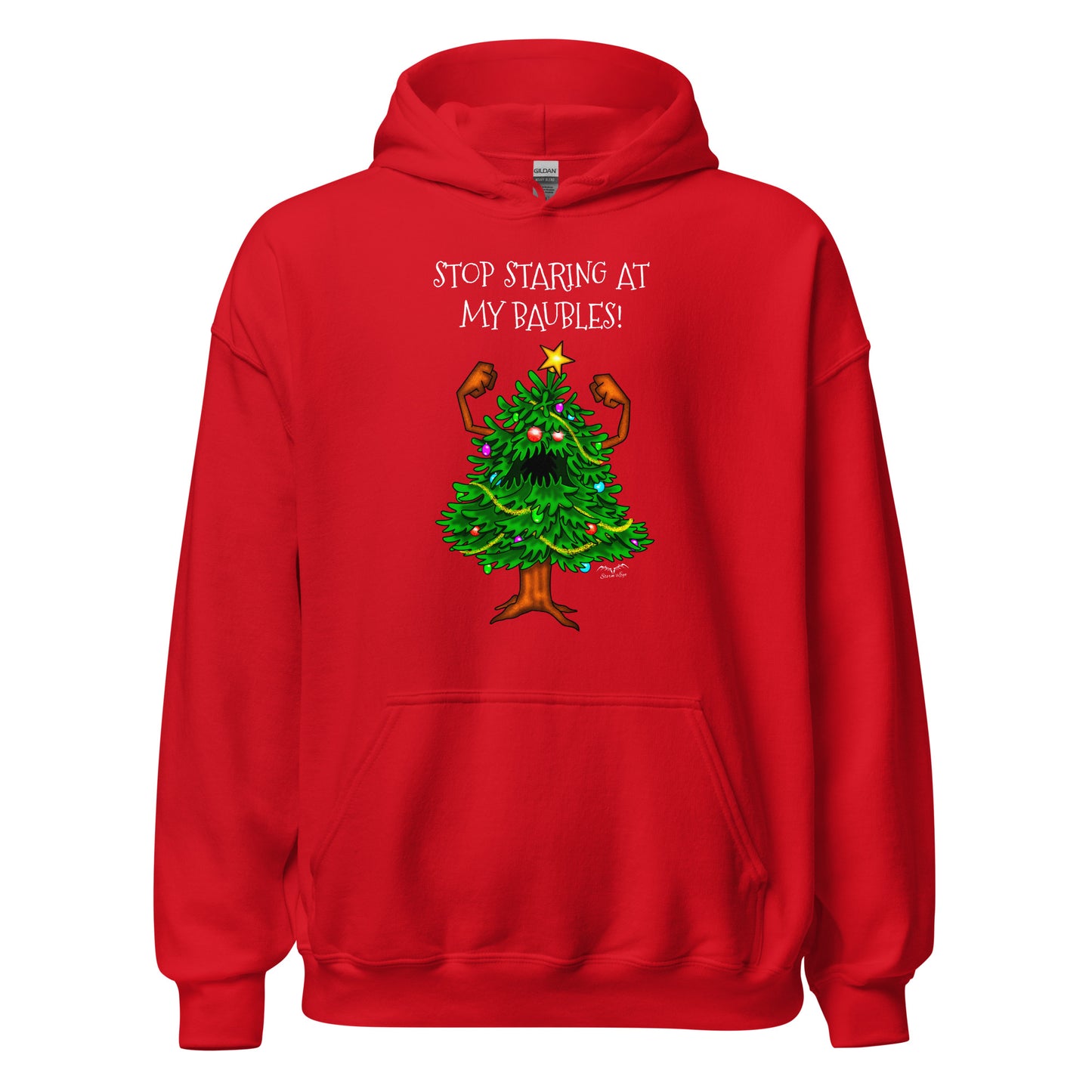 stormseye design angry christmas tree hoodie flat view red