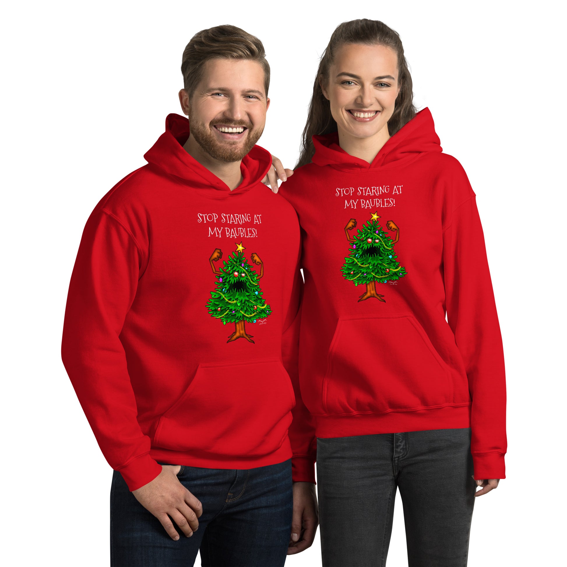 stormseye design angry christmas tree hoodie modelled view red