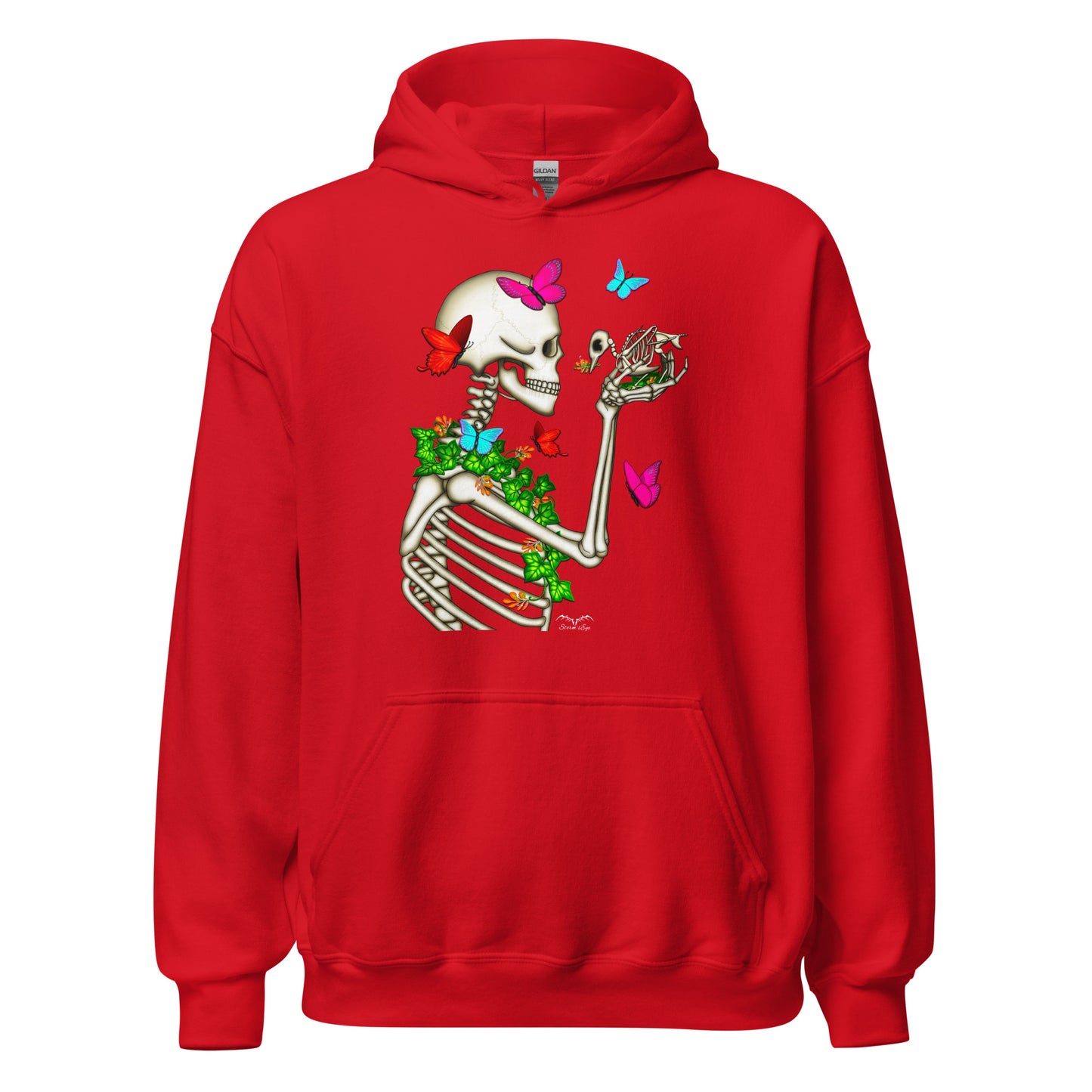 stormseye design skeleton and bird hoodie flat view red