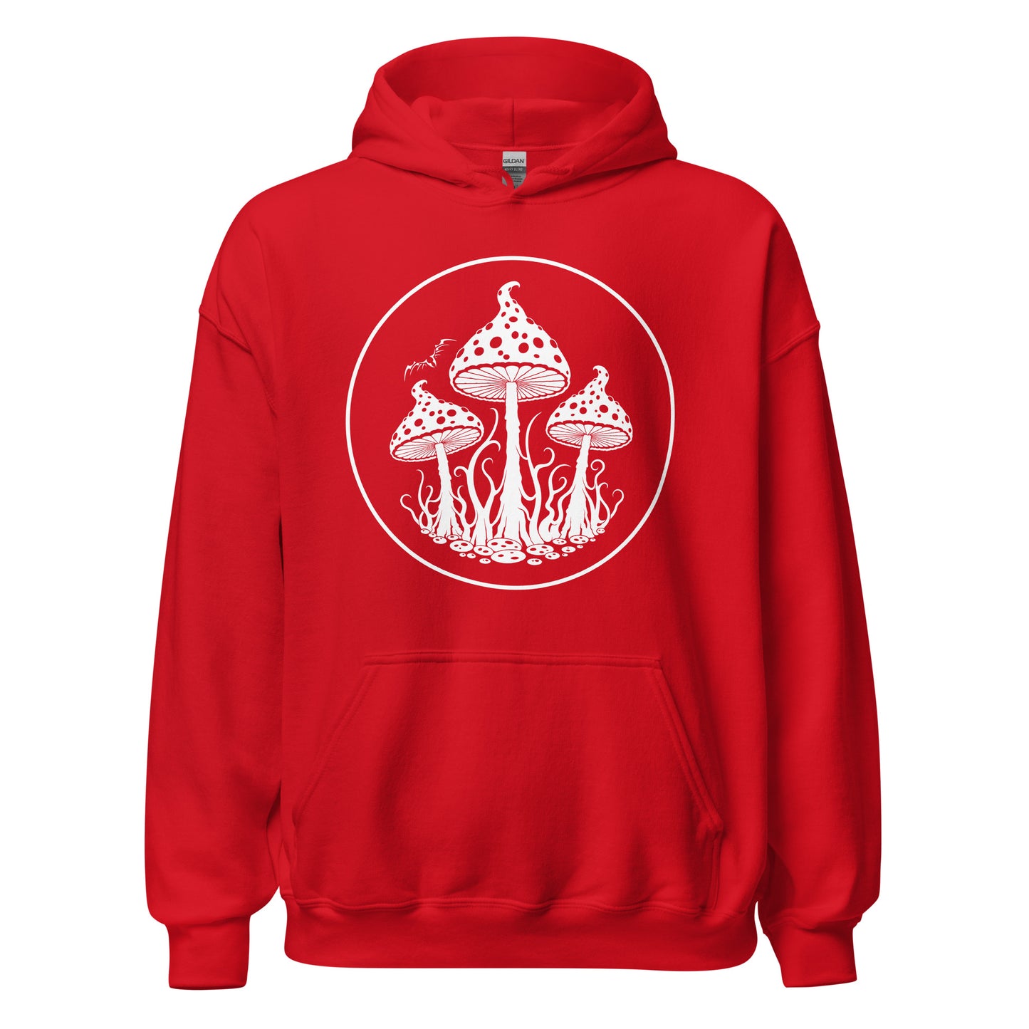 stormseye design trippy mushrooms hoodie, flat view, red