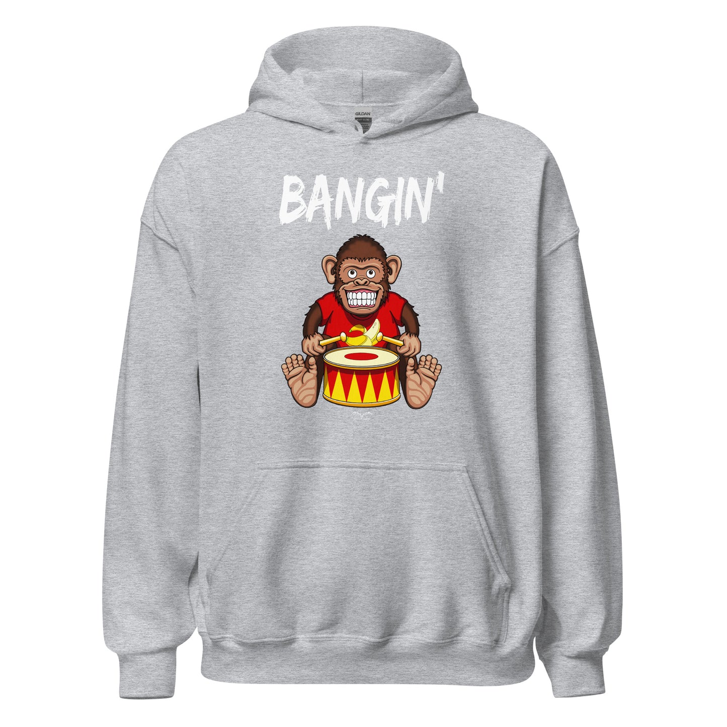 Bangin drummer monkey hoodie, light grey, by Stormseye Design
