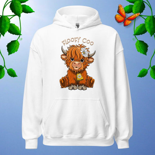 floofy coo highland cow Hoodie, white by Stormseye Design