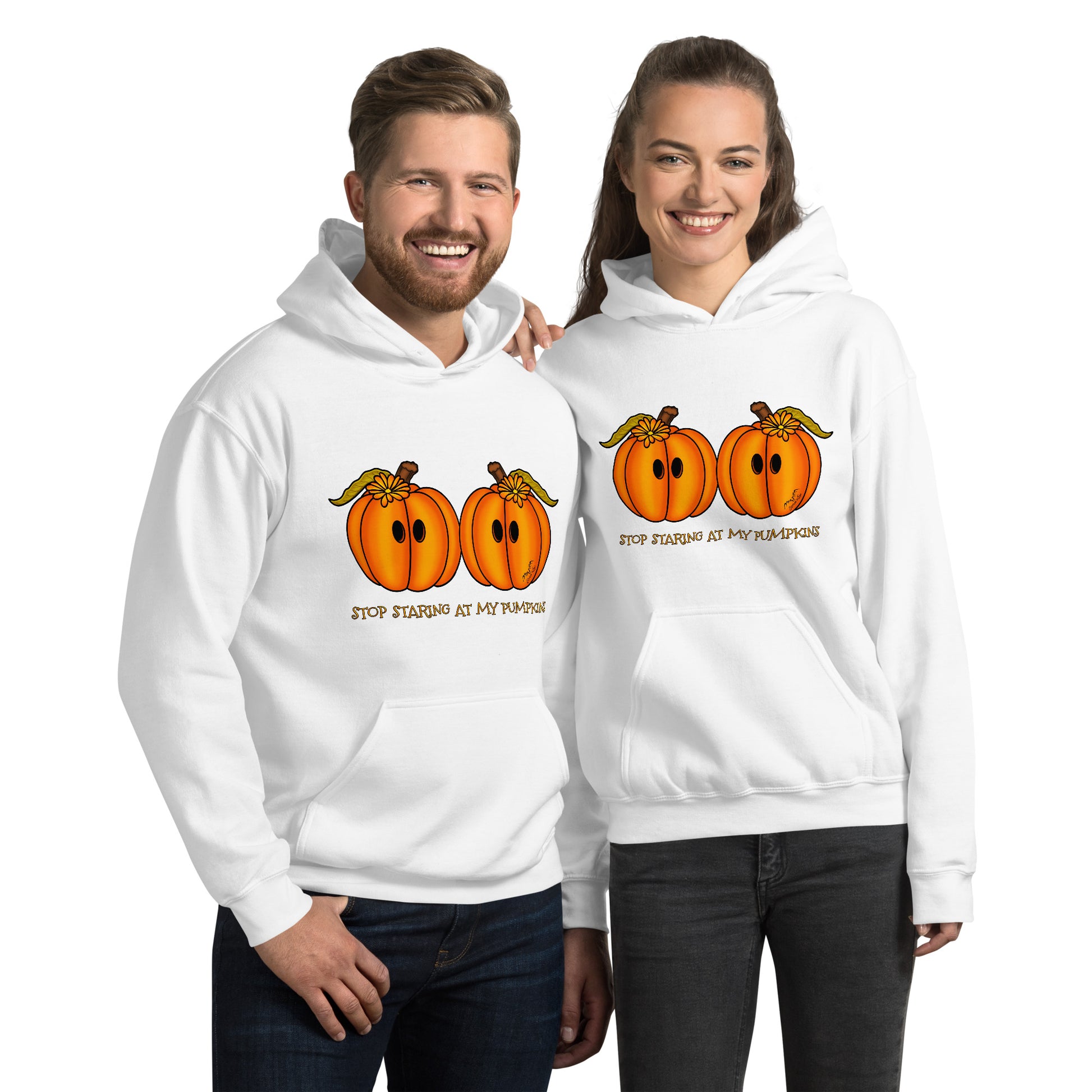 stormseye design staring pumpkins halloween hoodie modelled view white