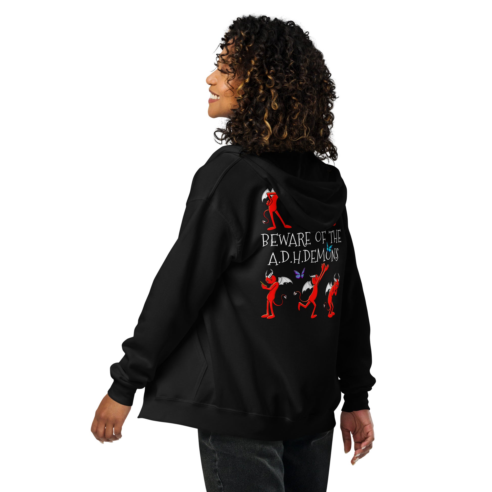 stormseye design ADHD demons zip hoodie, modelled back view, black
