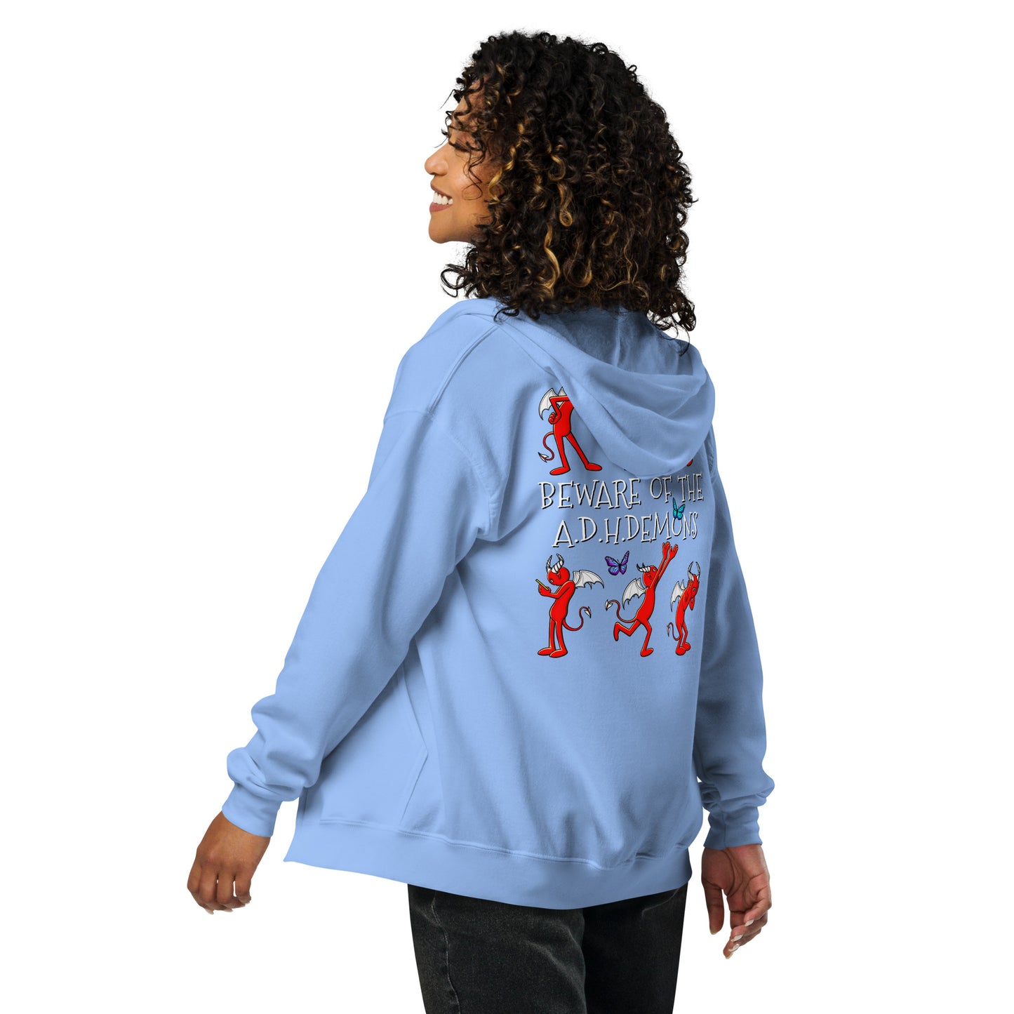 stormseye design ADHD demons zip hoodie, modelled back view, light blue
