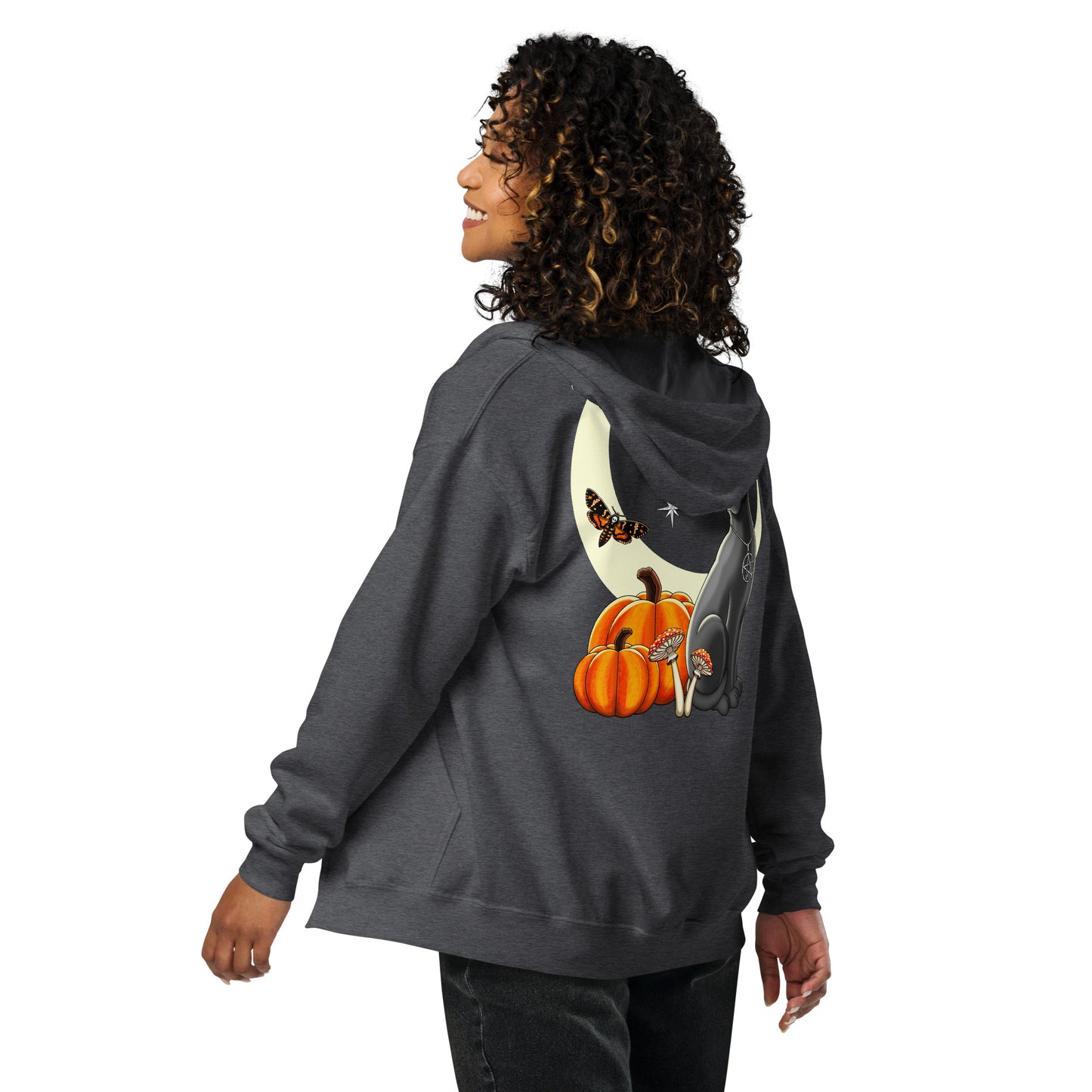 witch's cat back print zip hoodie by stormseye design, dark heather, back view