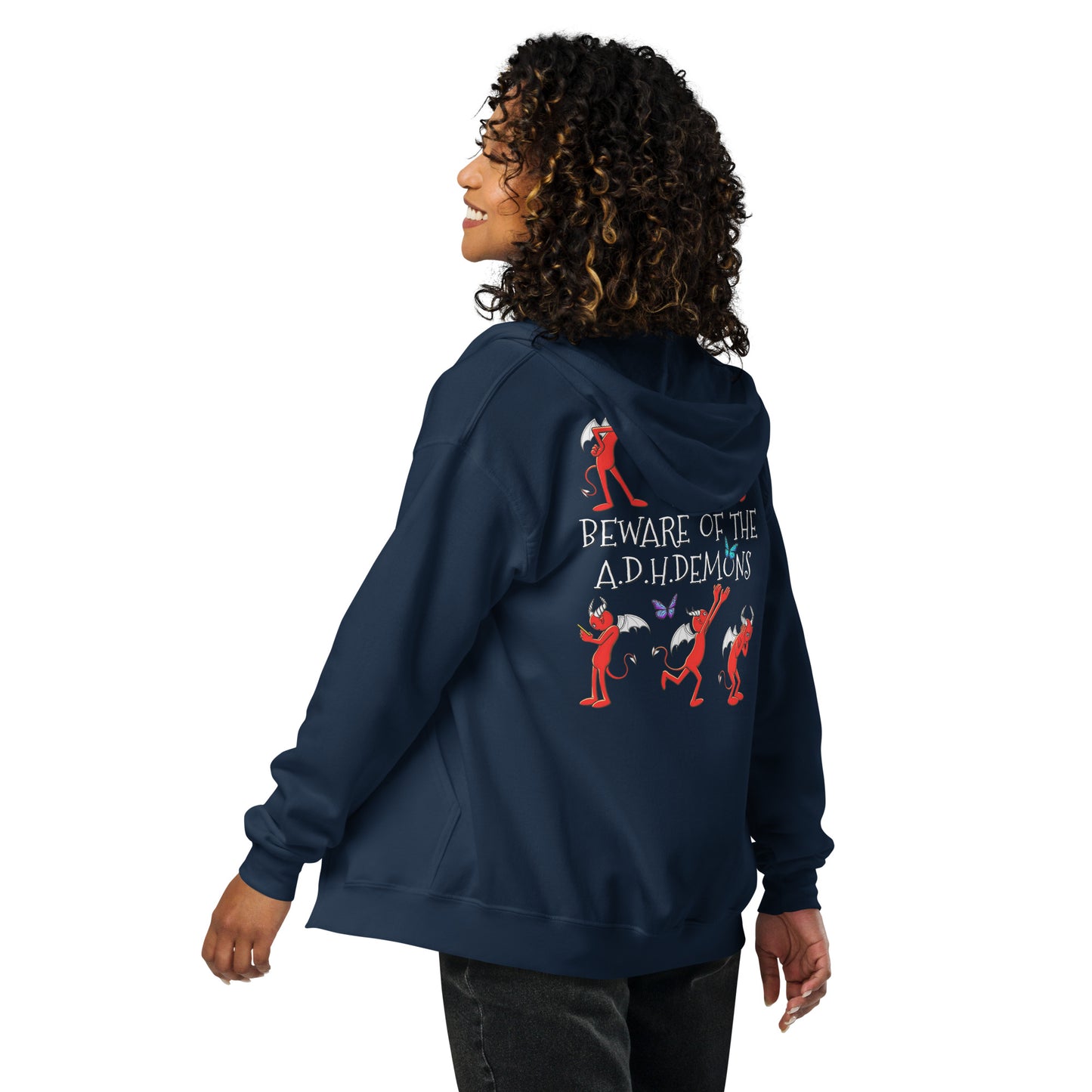 stormseye design ADHD demons zip hoodie, back view, navy blue
