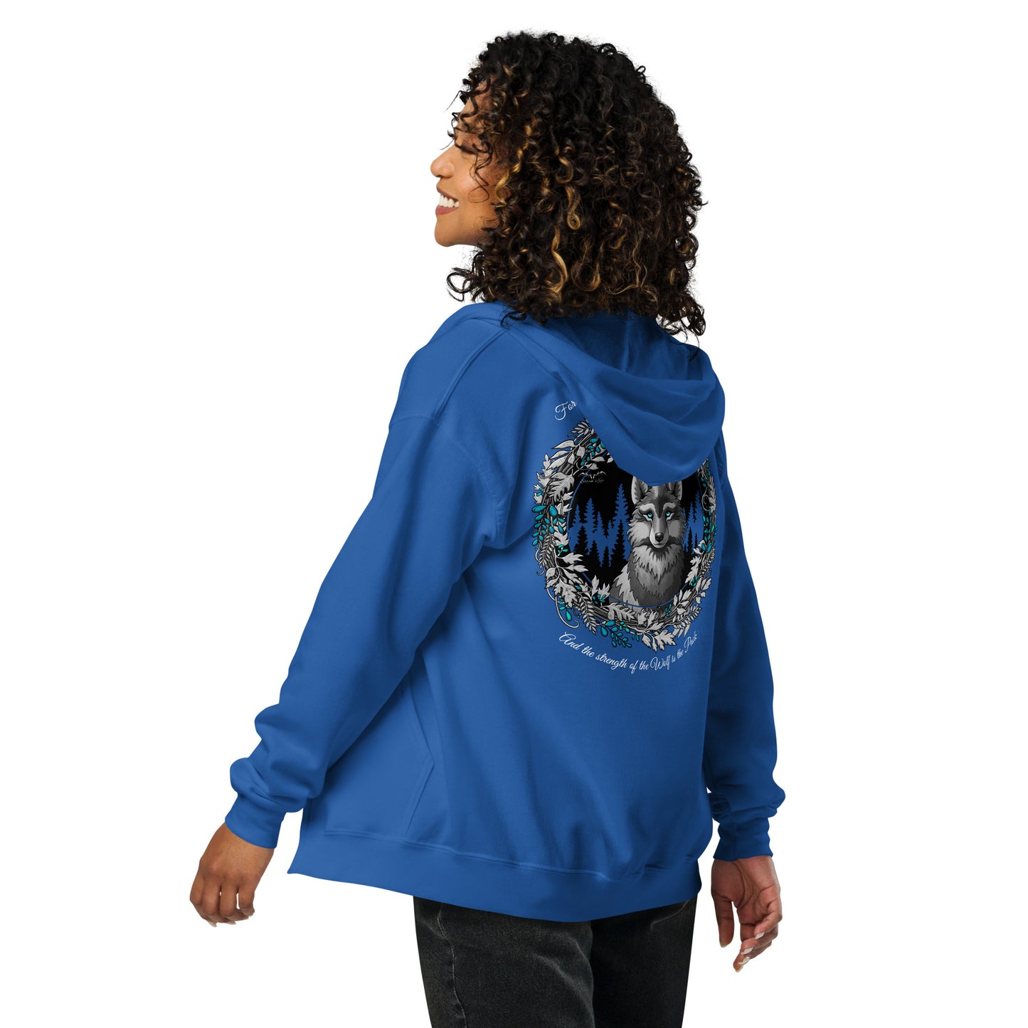 stormseye design silver winter wolf zip hoodie back, royal blue