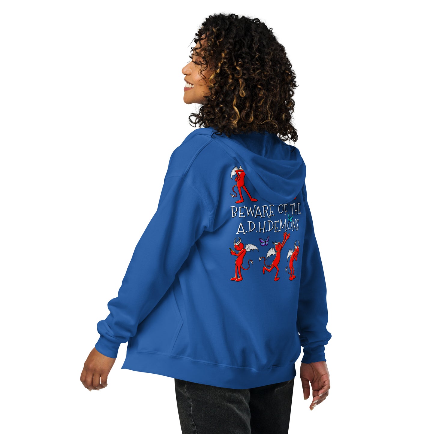 stormseye design ADHD demons zip hoodie, modelled back view, royal blue
