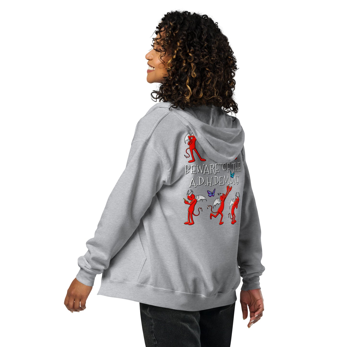 stormseye design ADHD demons zip hoodie, modelled back view, sports grey
