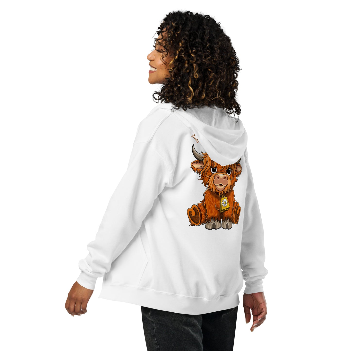 Floofy Coo Back Print Zip Hoodie | Warm Highland Cow Pullover | 7 Colours S-4XL