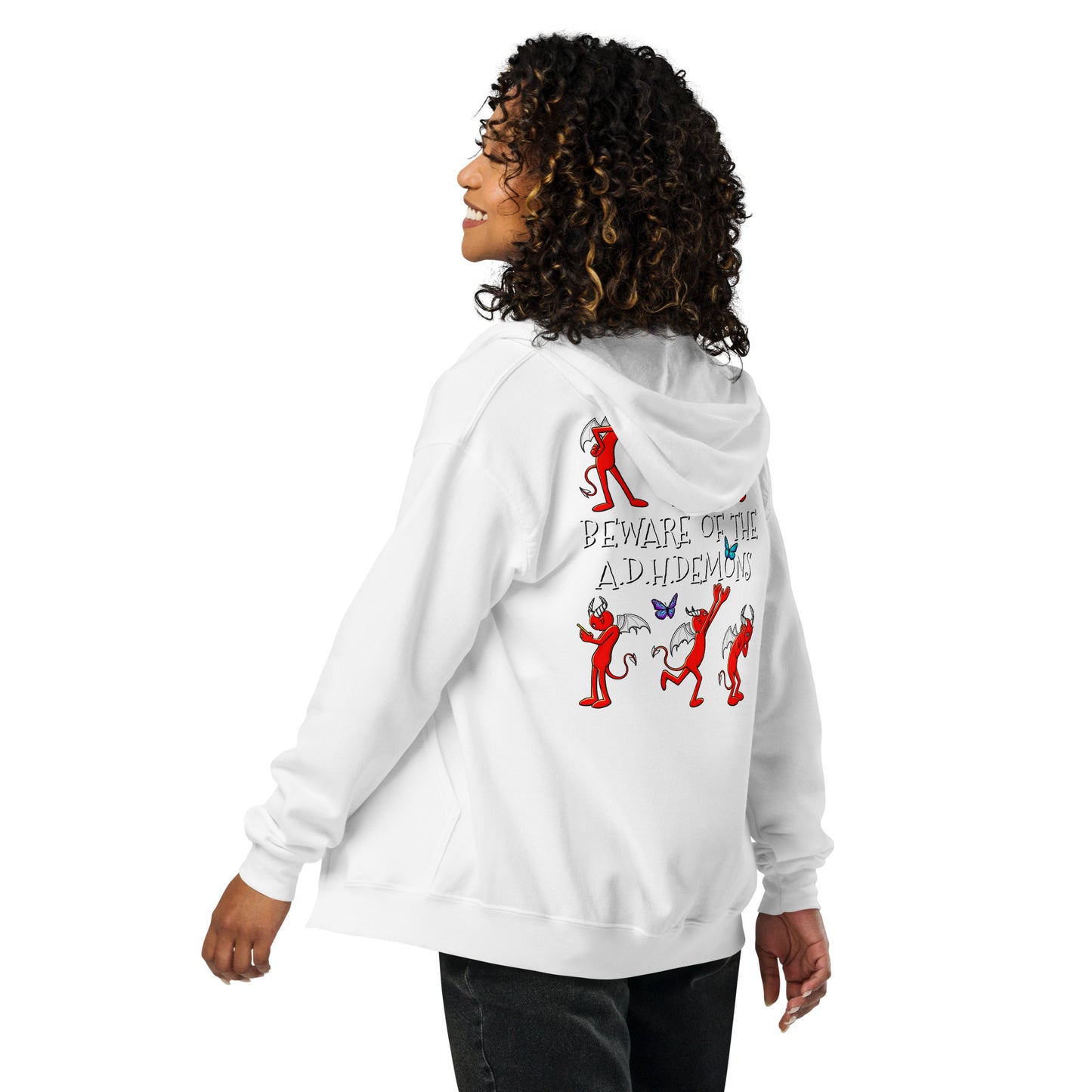 stormseye design ADHD demons zip hoodie, modelled back view, white
