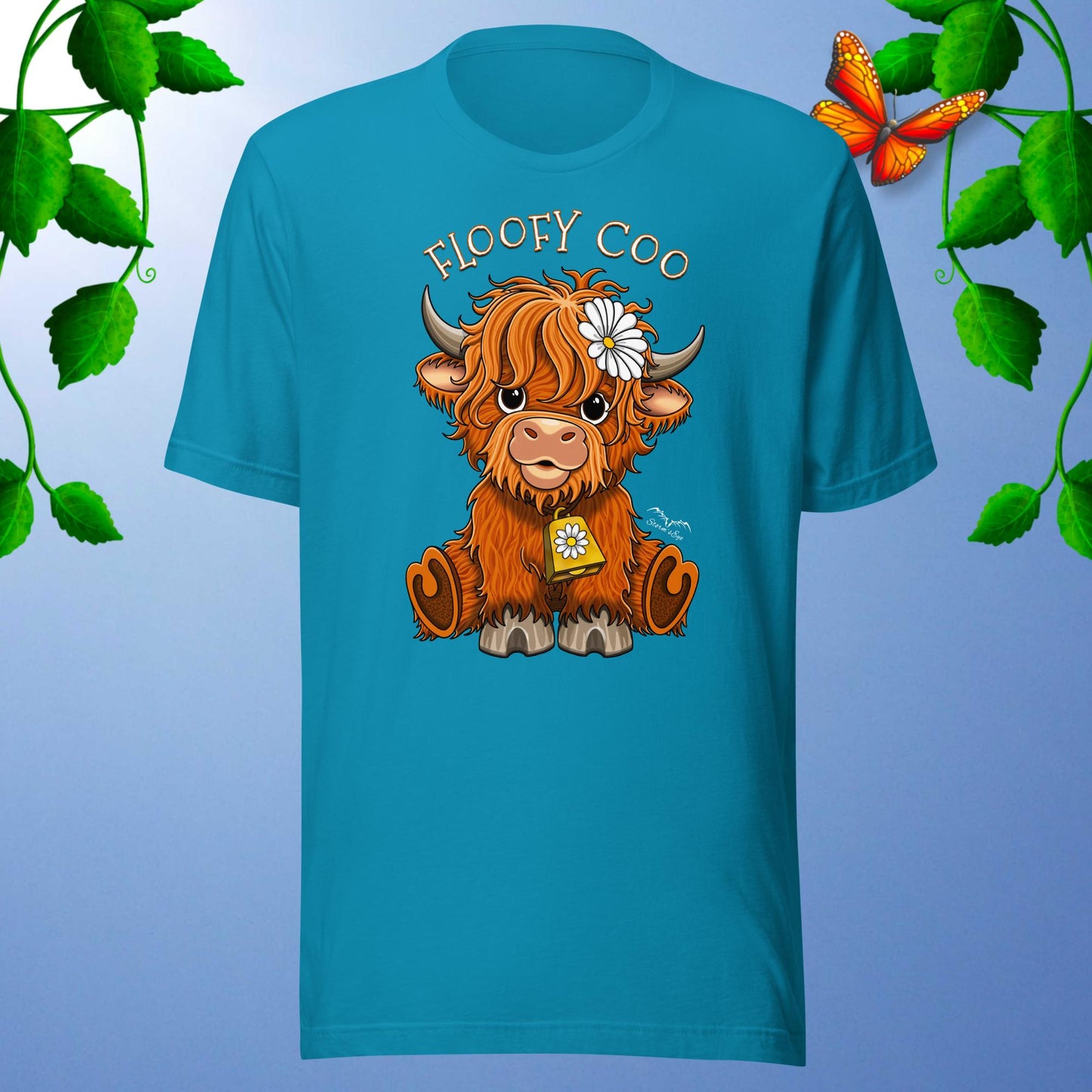 floofy coo highland cow T-shirt, bright blue by Stormseye Design