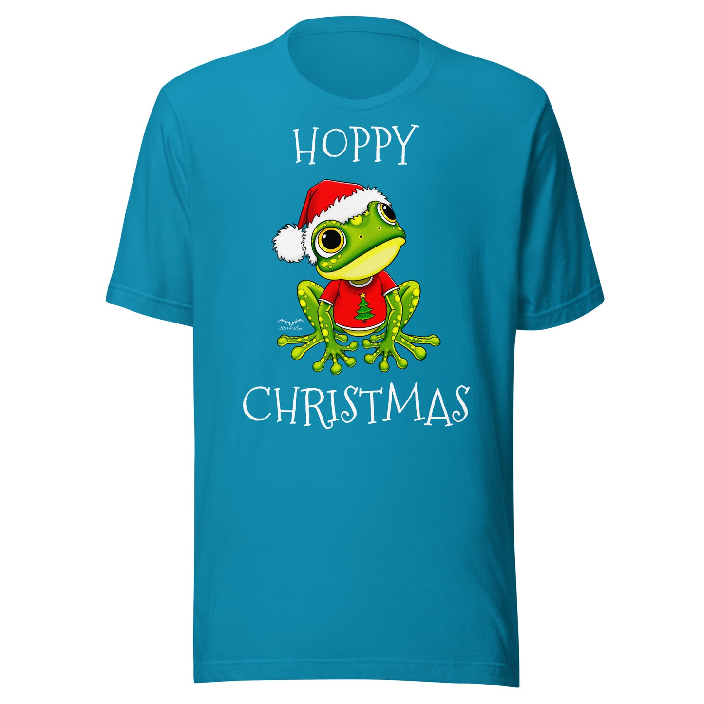 stormseye design hoppy christmas santa frog T shirt, flat view bright blue