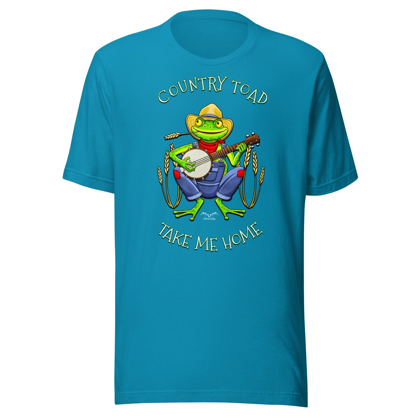 stormseye design country toad banjo T shirt, flat view bright blue