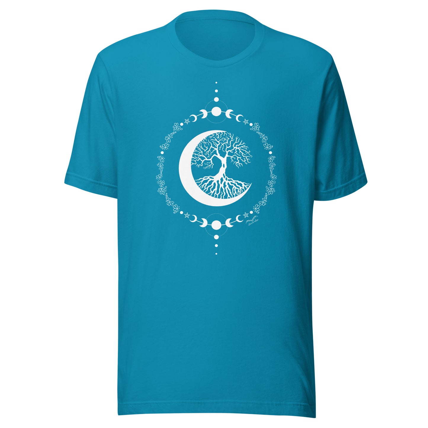 stormseye design witching hour tree of life T shirt, flat view bright blue