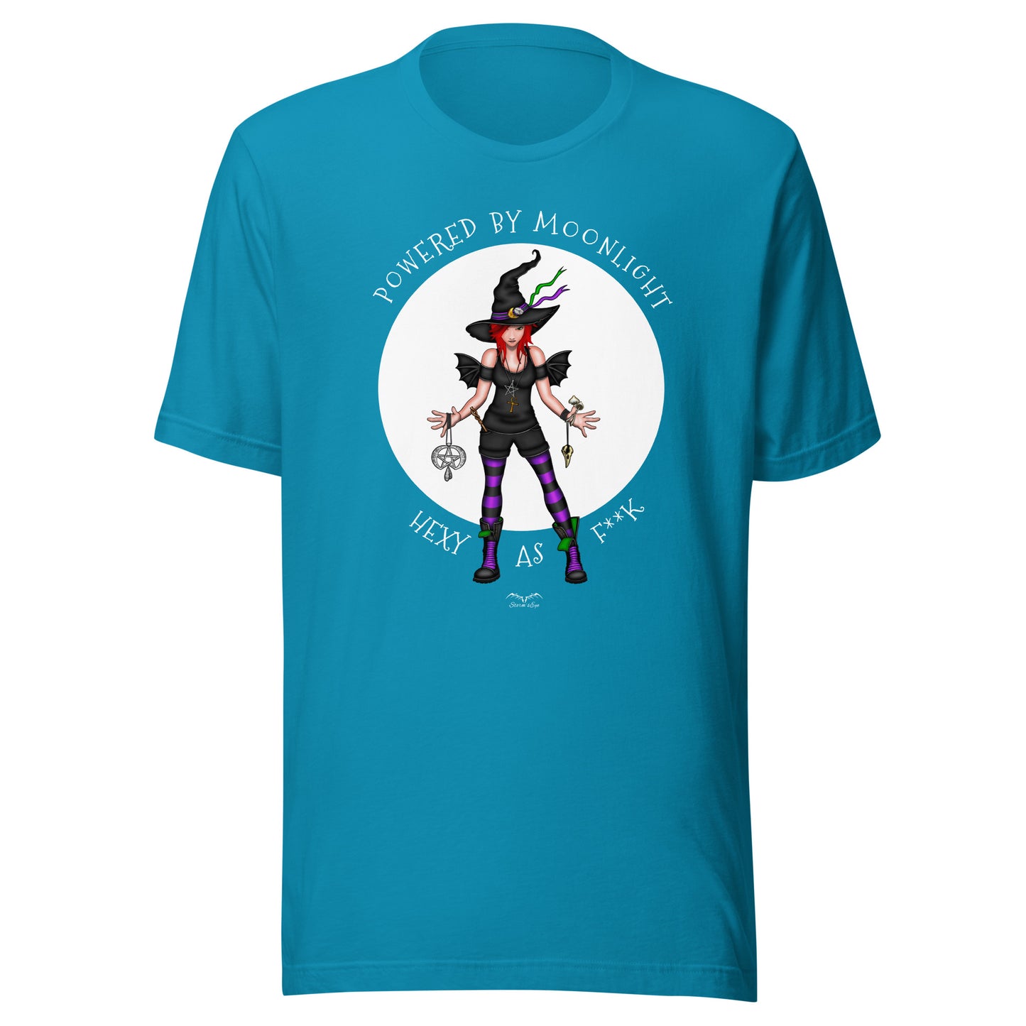 stormseye design hexy witch witchcraft T shirt, flat view bright blue