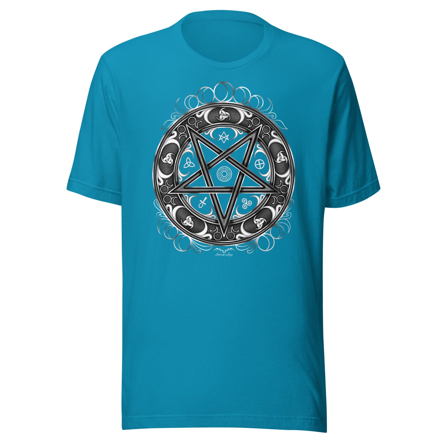 stormseye design witchy occult wheel T shirt, flat view bright blue