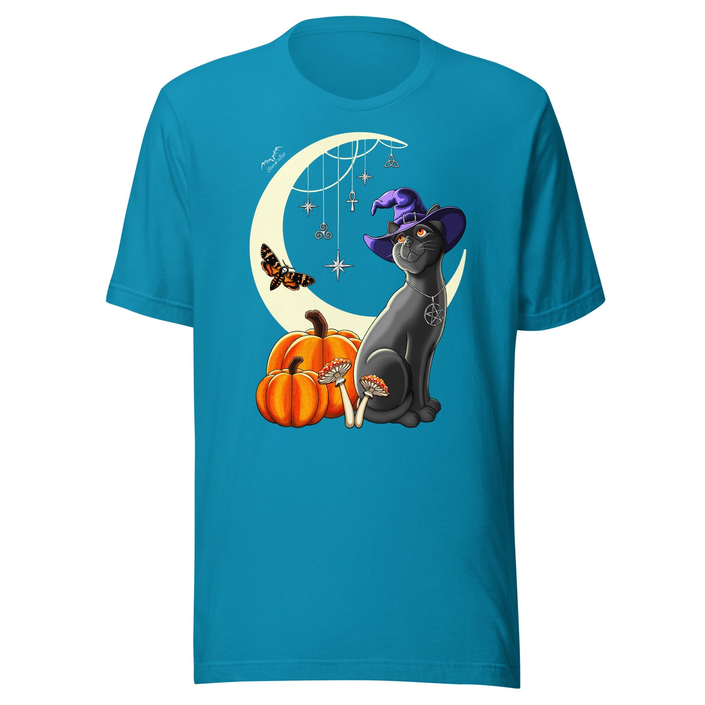 stormseye design witch's cat t-shirt halloween flat view bright blue