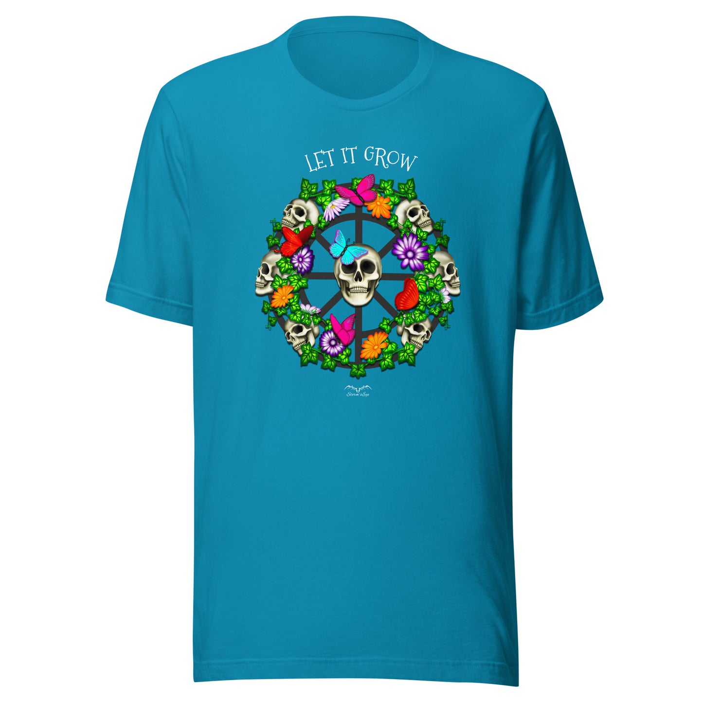 stormseye design skulls and flowers gothic T shirt, flat view bright blue