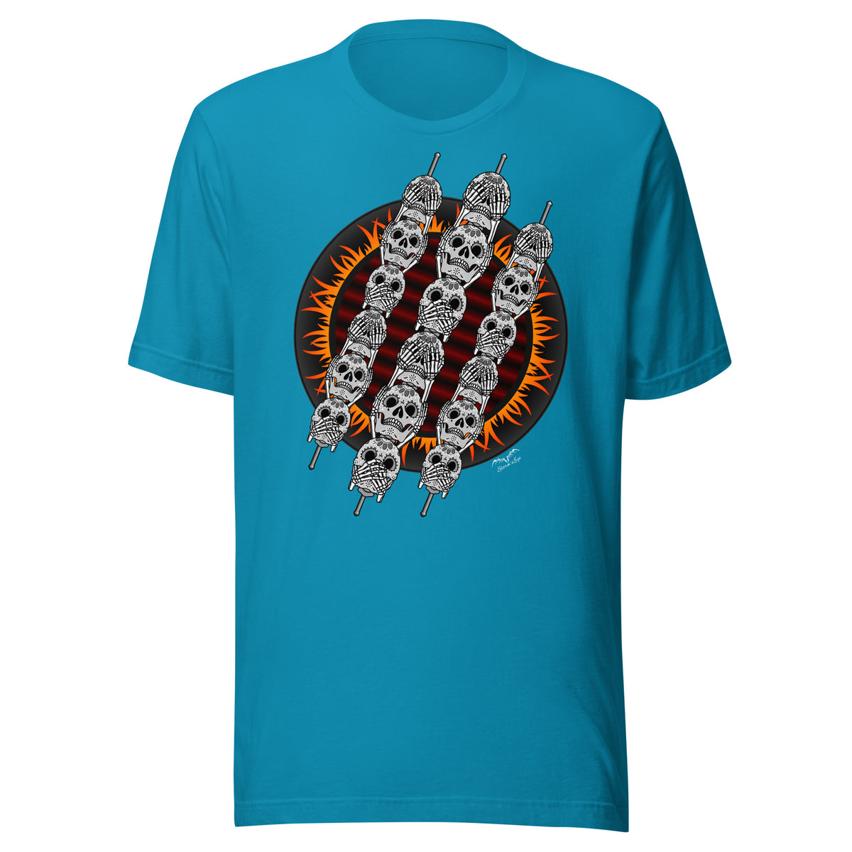 stormseye design skewer skulls gothic BBQ T shirt, modelled view bright blue