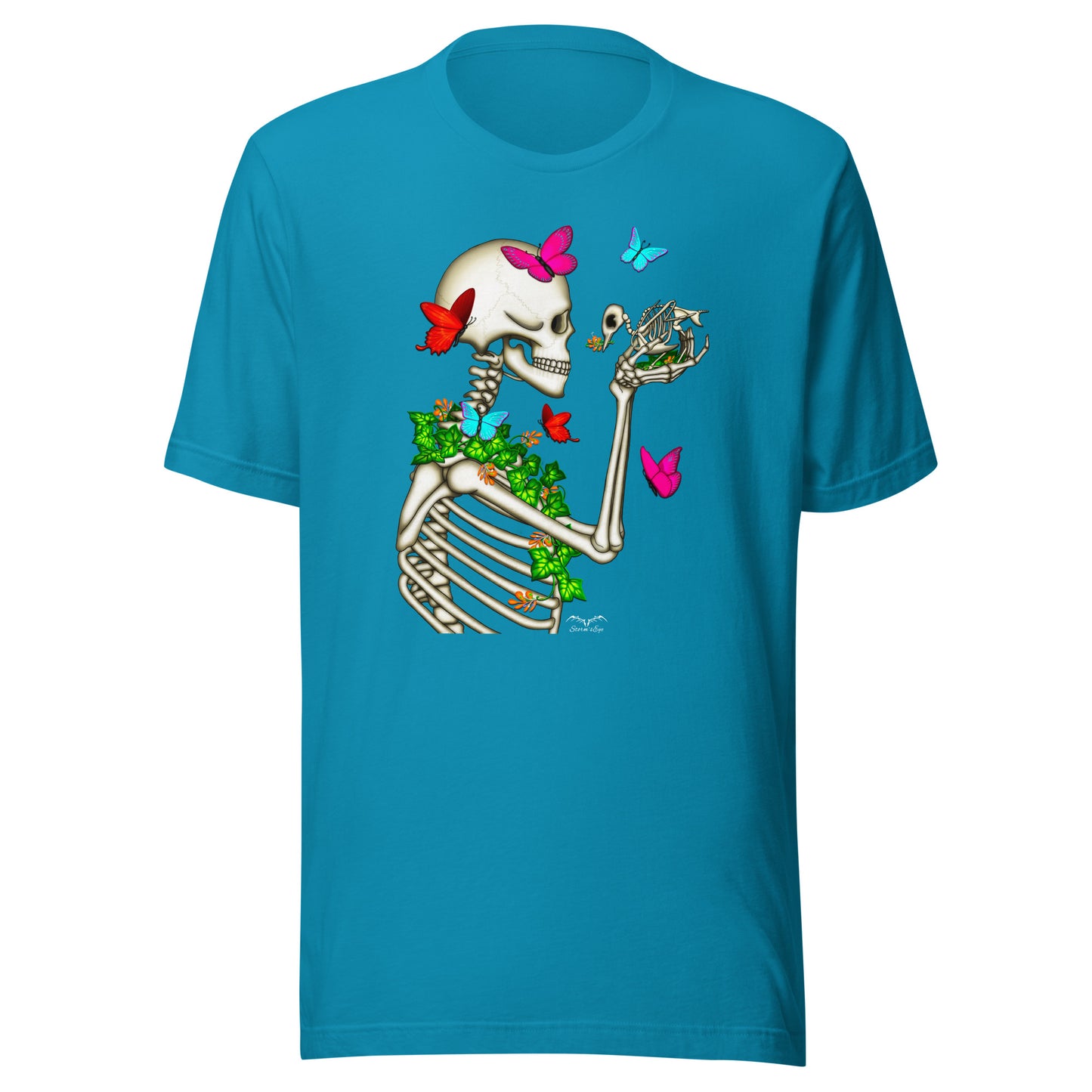 stormseye design skeleton and bird gothic T shirt, flat view bright blue