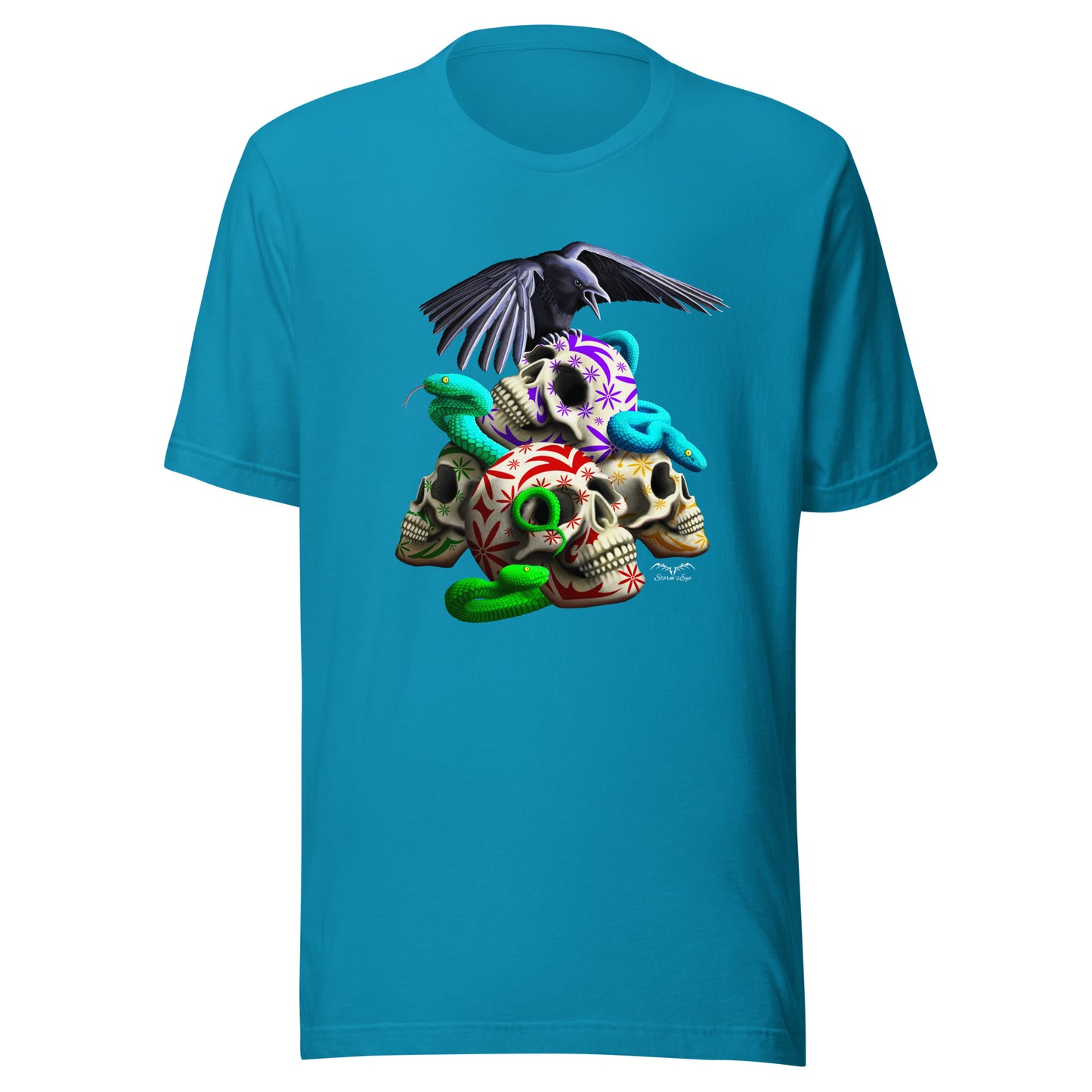 stormseye design gothic sugar skulls and snakes T shirt flat view bright blue