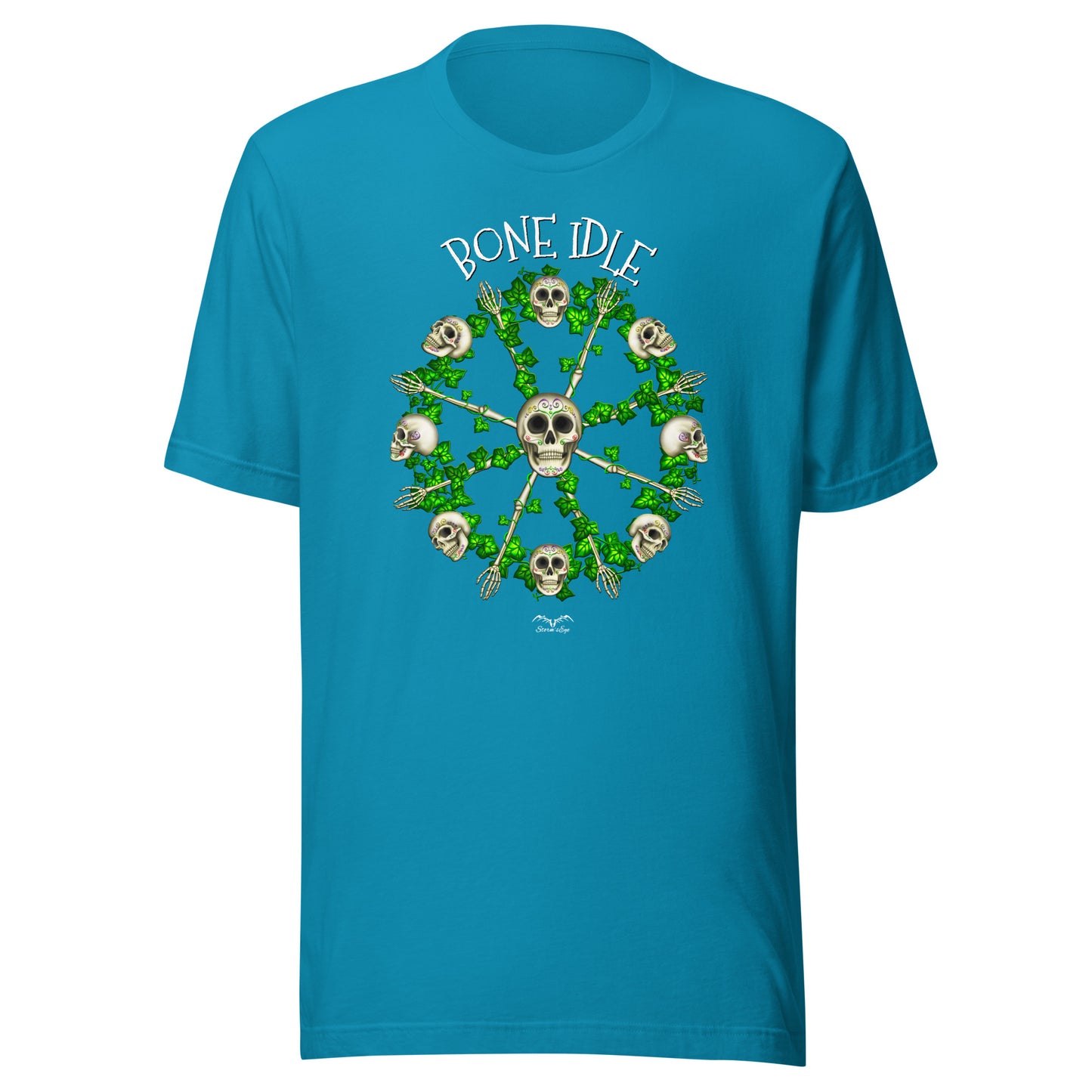 stormseye design bone idle sugar skulls T shirt flat view bright blue