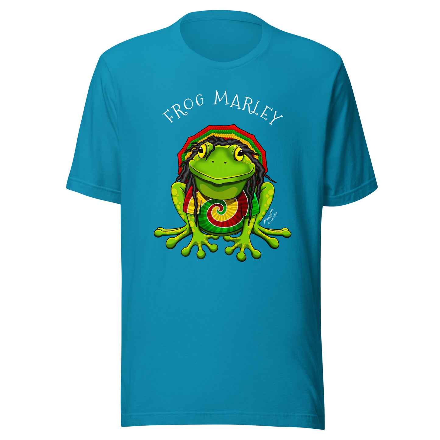 stormseye design frog marley reggae T shirt, flat view bright blue