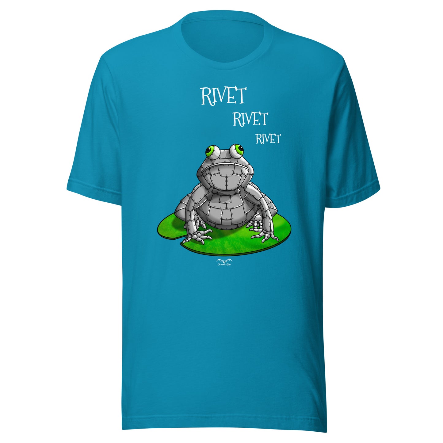 stormseye design metal frog T shirt, flat view bright blue