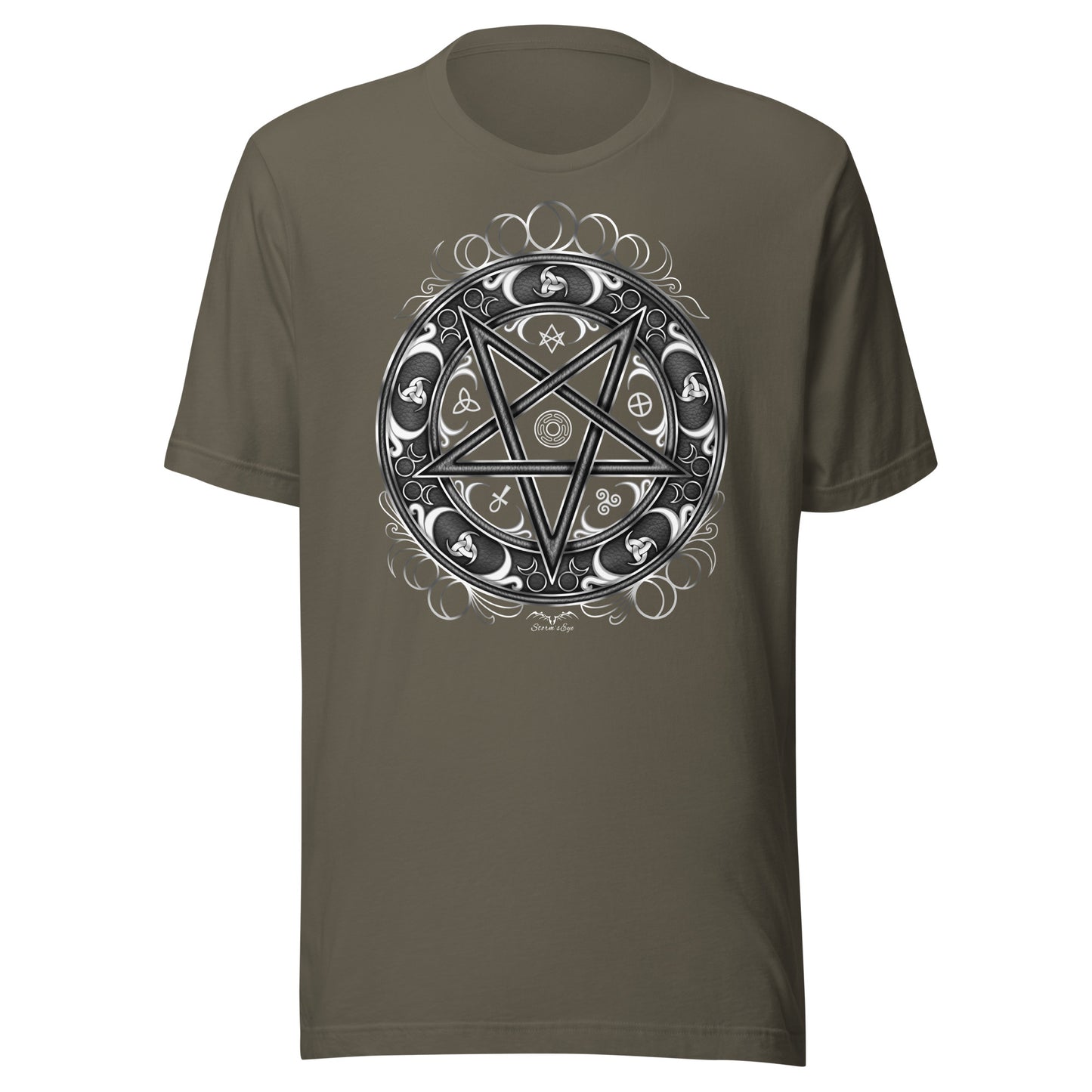 stormseye design witchy occult wheel T shirt, flat view army green