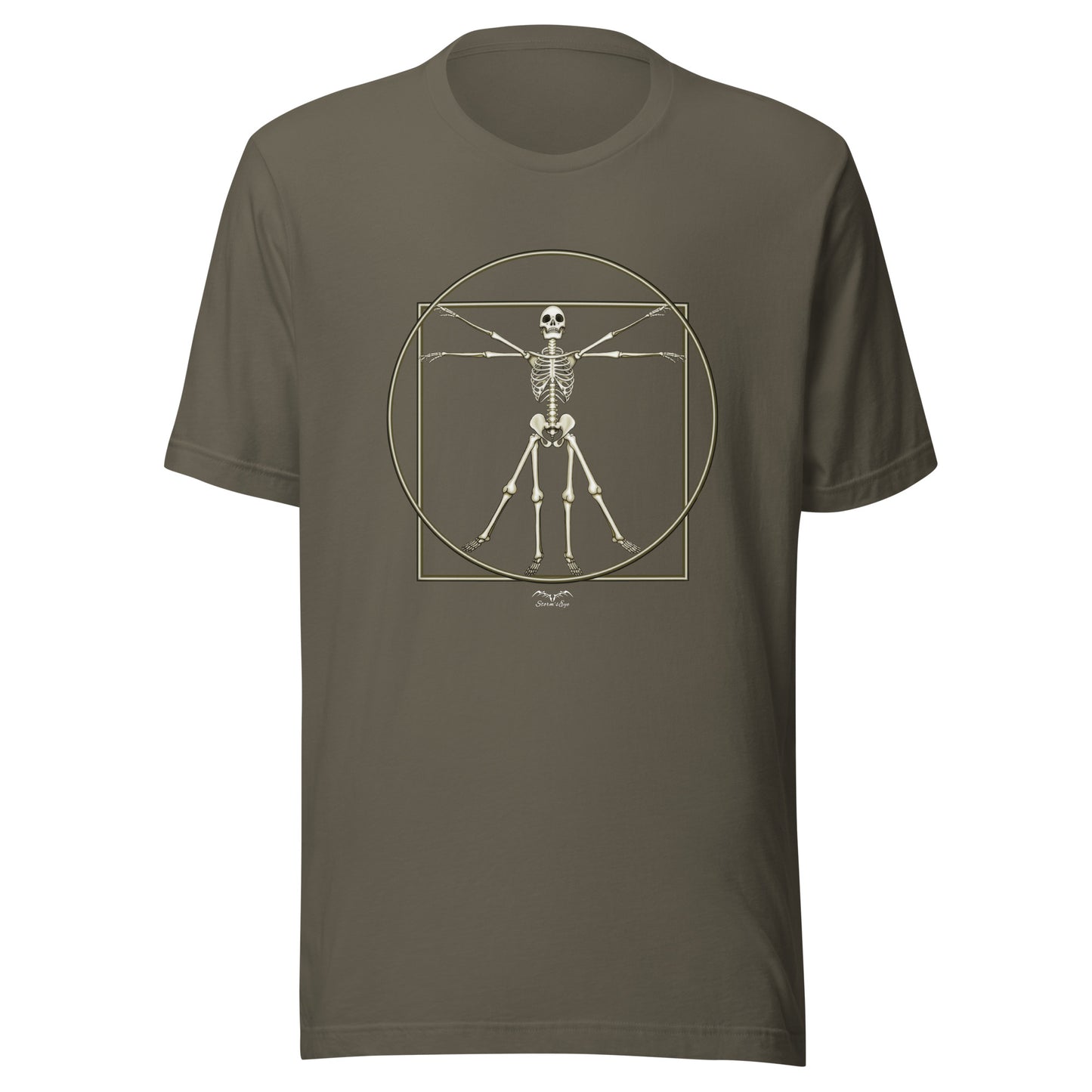 stormseye design vitruvian skeleton gothic t-shirt flat view army green