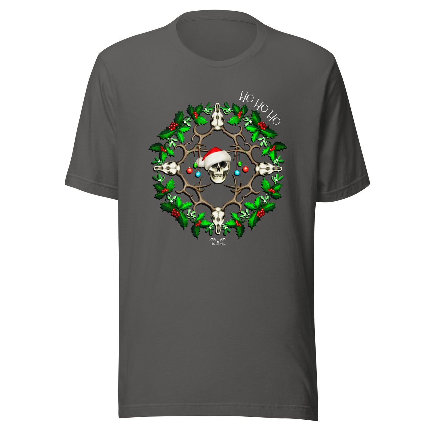 stormseye design festive skulls christmas T shirt flat view grey