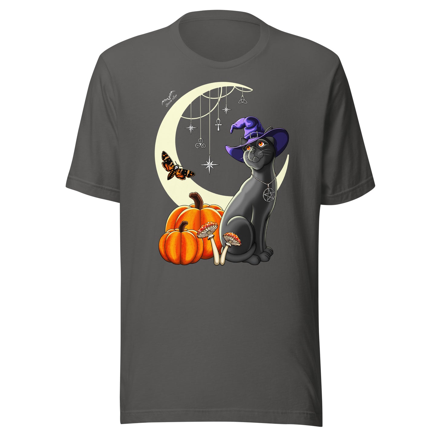 stormseye design witch's cat t-shirt halloween flat view grey