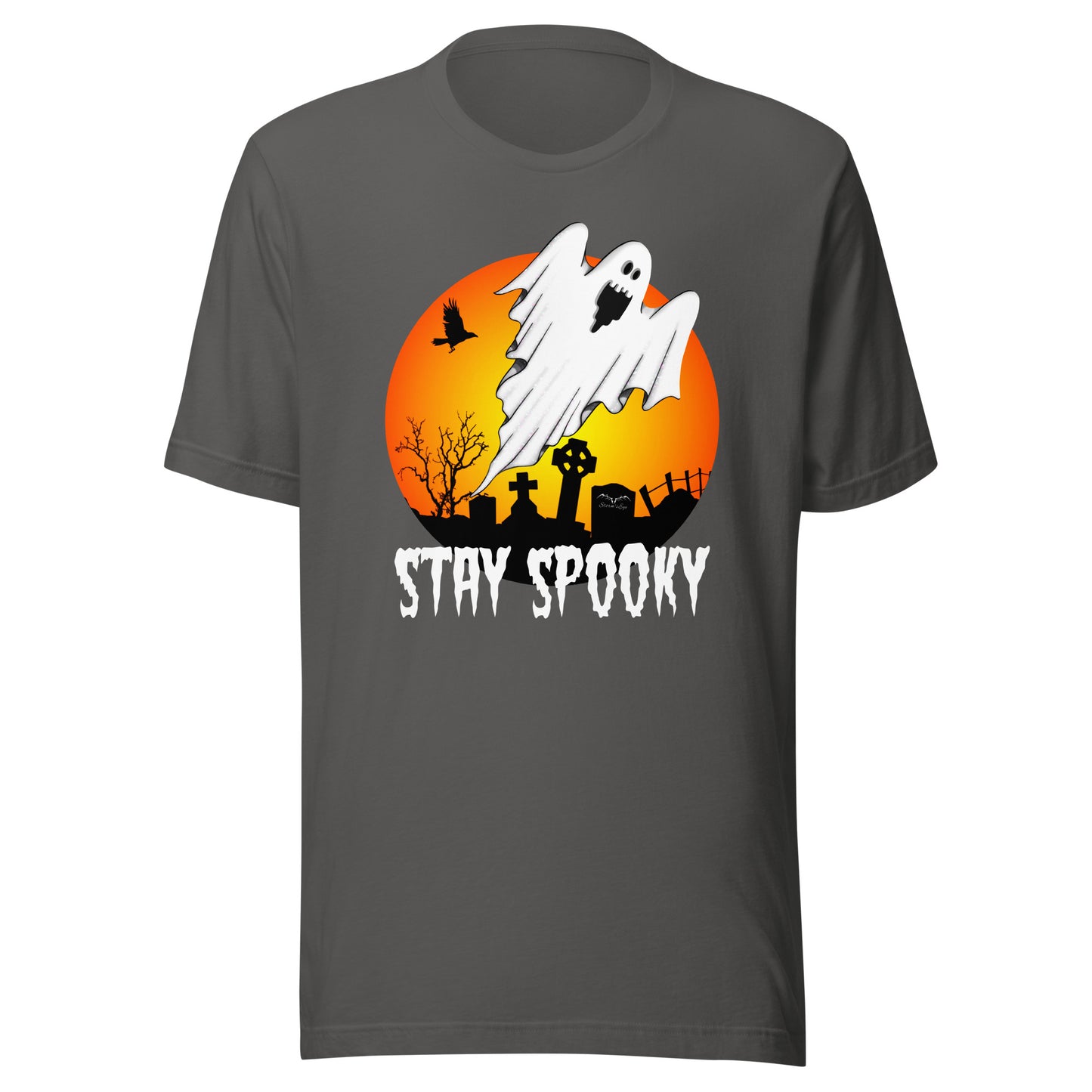 stormseye design stay spooky halloween T shirt, flat view grey