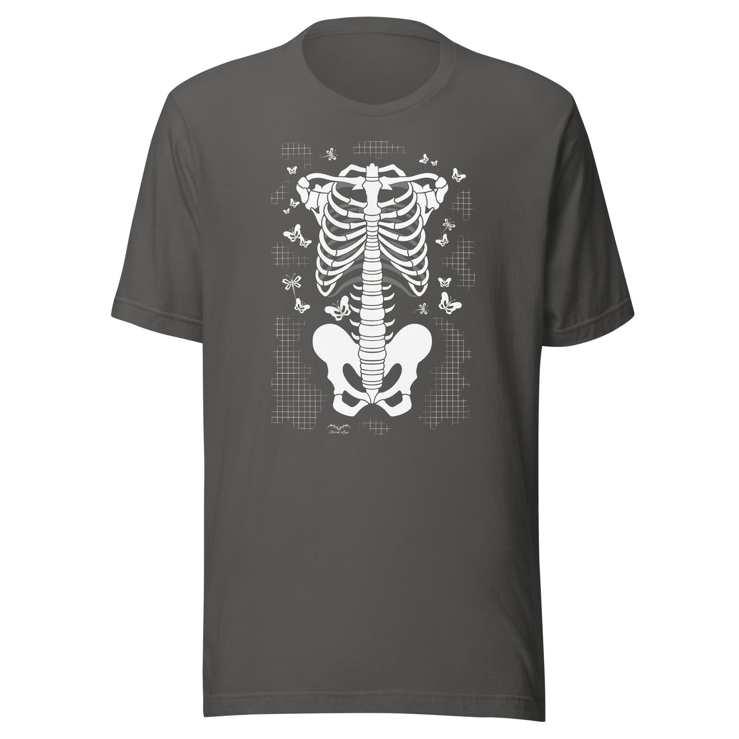 stormseye design skeleton torso gothic T shirt, flat view grey
