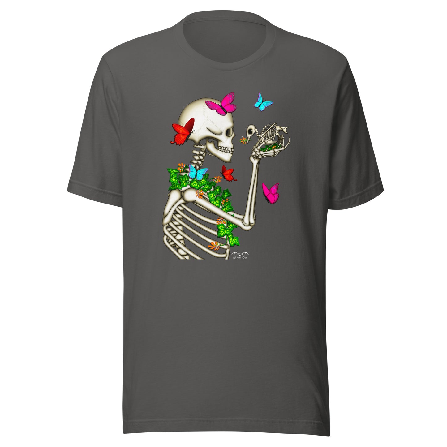 stormseye design skeleton and bird gothic T shirt, flat view grey