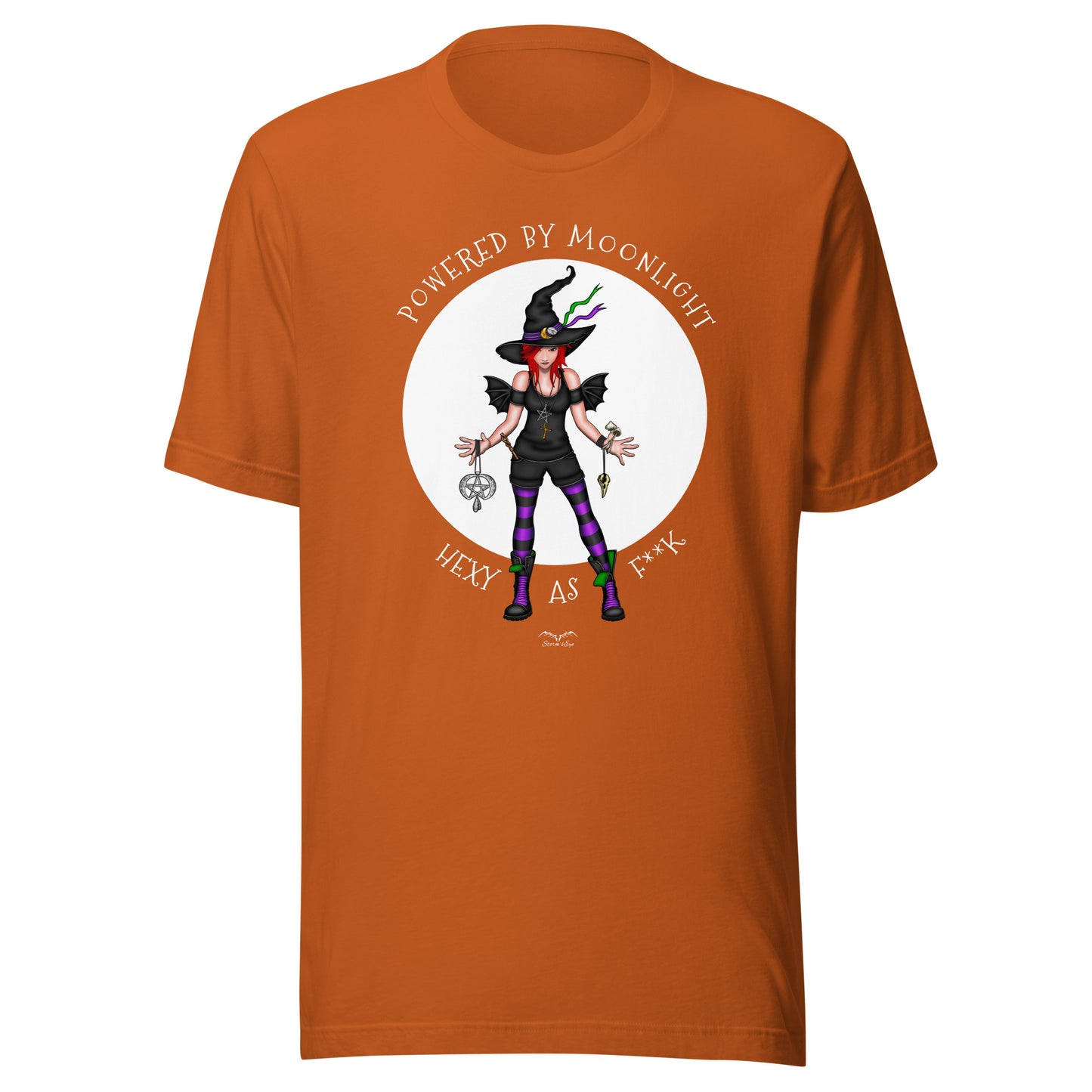 stormseye design hexy witch witchcraft T shirt, flat view autumn orange