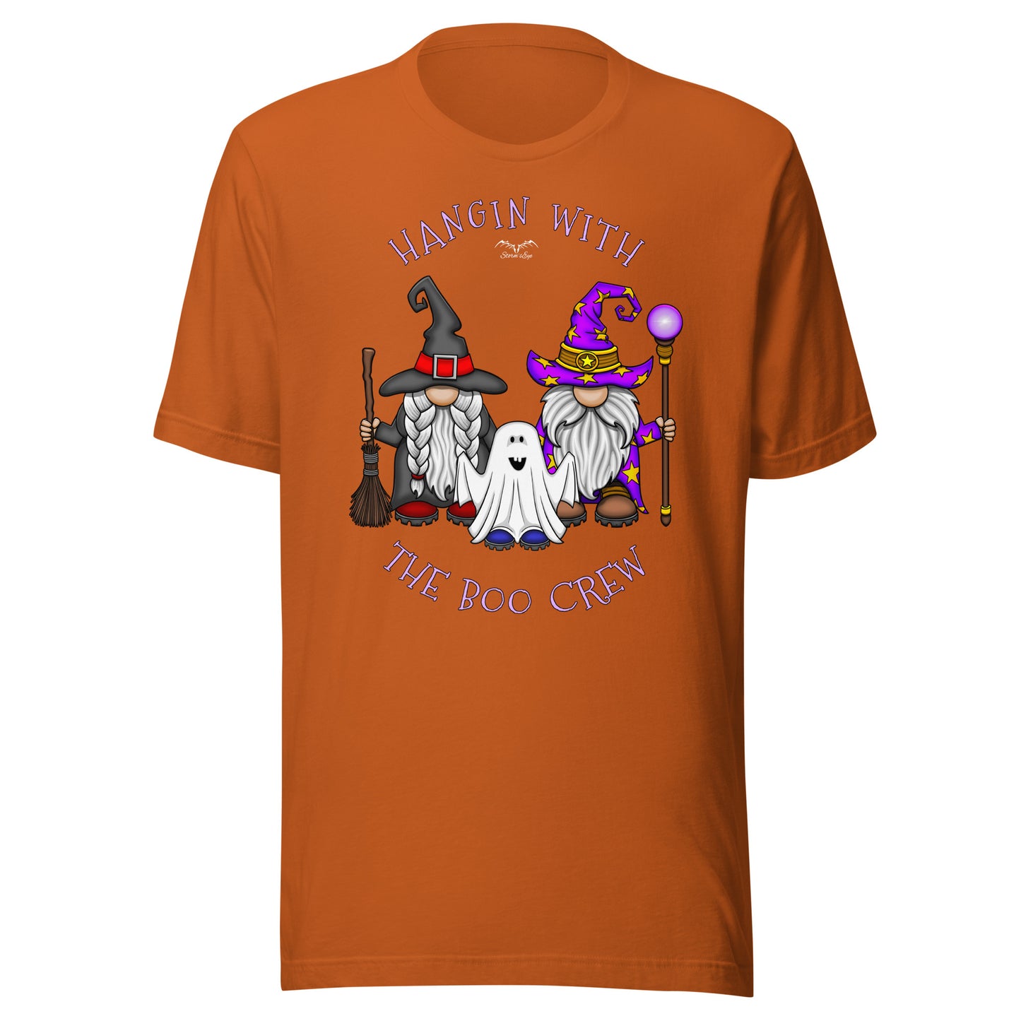 stormseye design boo crew halloween gnomes T shirt flat view orange