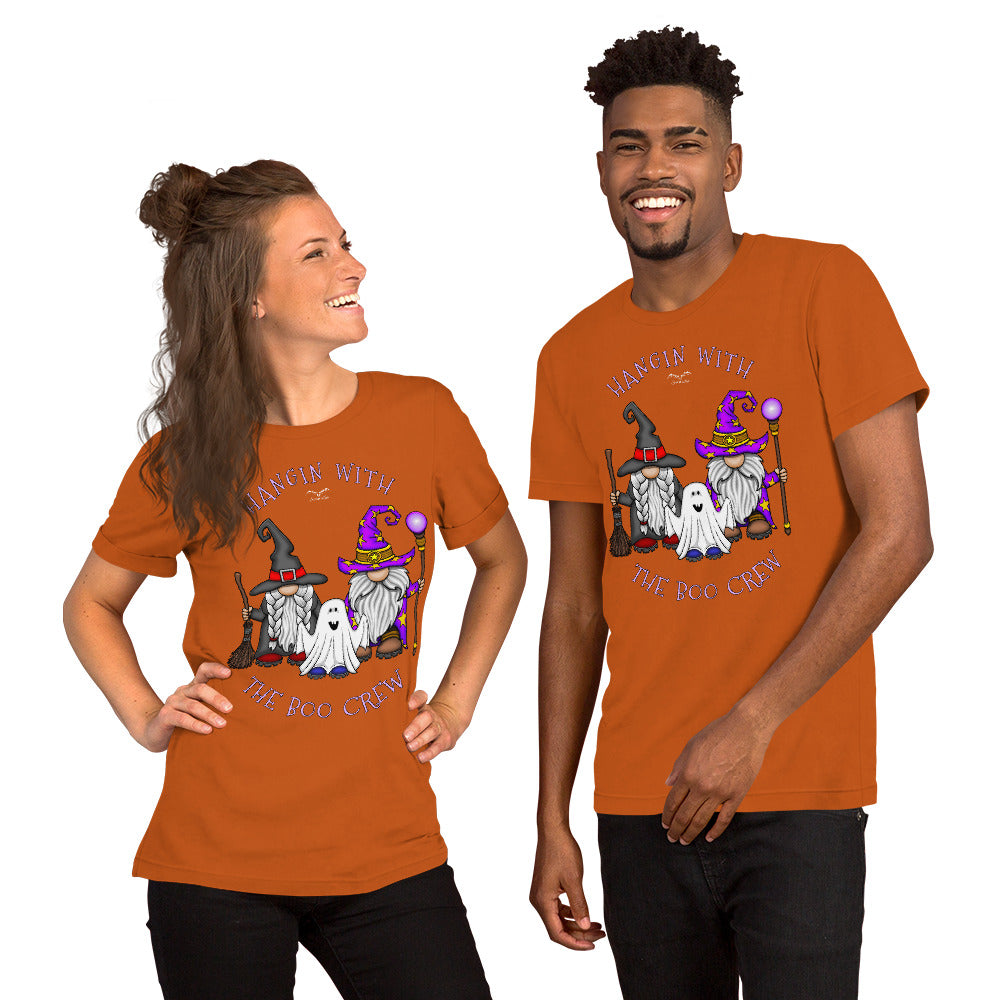 stormseye design boo crew halloween gnomes T shirt modelled view orange