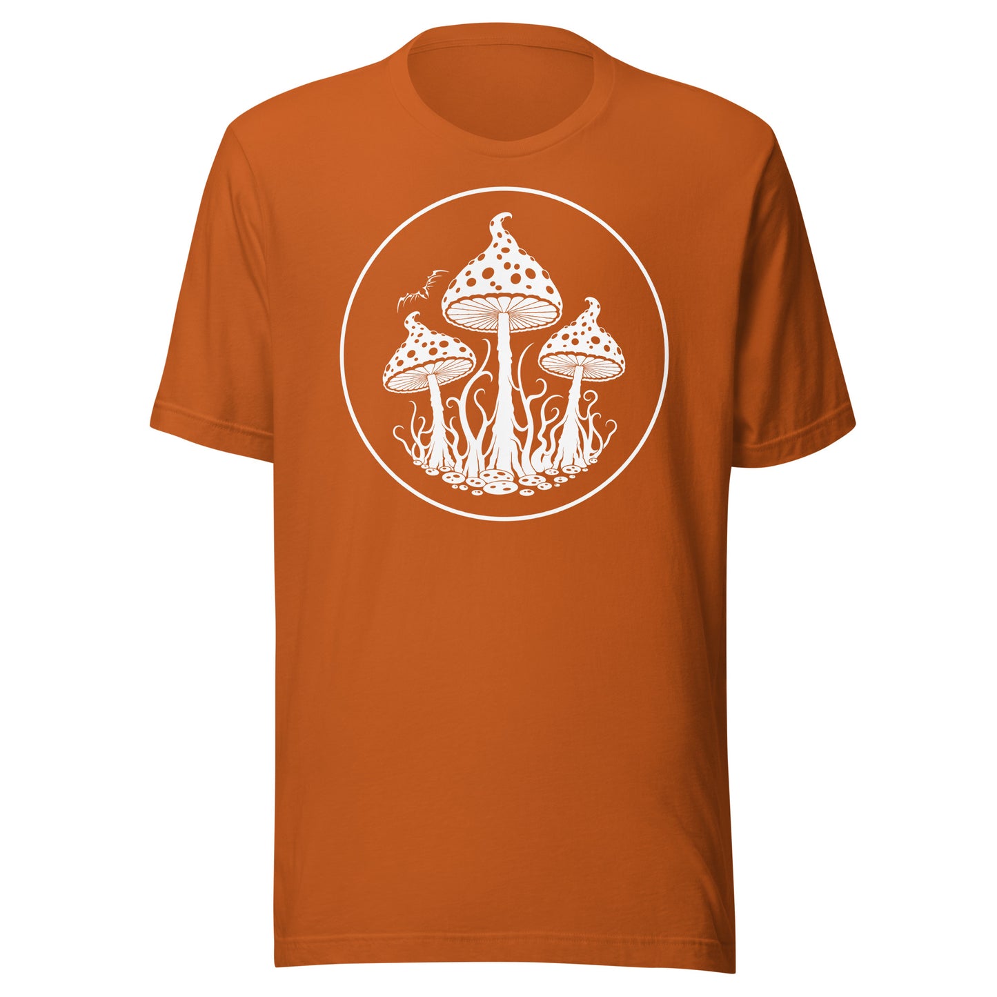 stormseye design trippy mushrooms T shirt, flat view orange