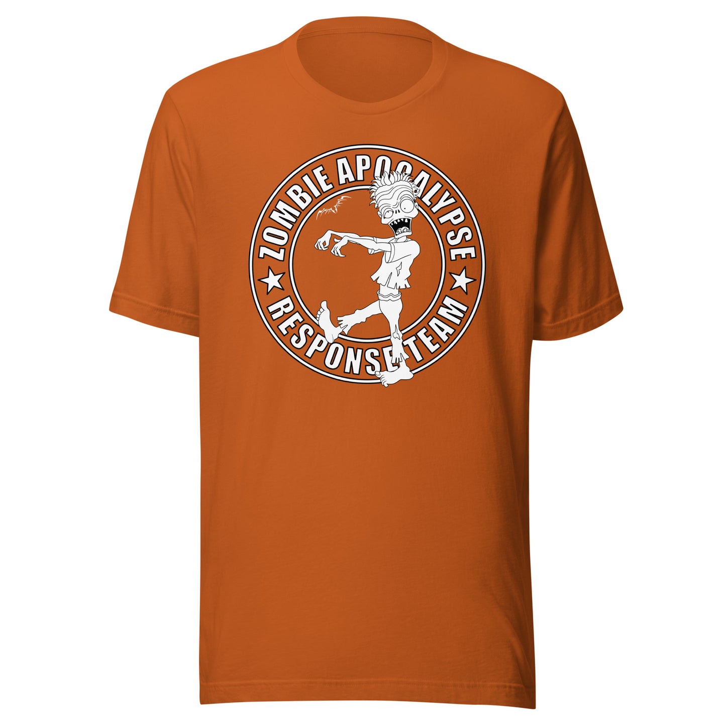 stormseye design zombie apocalypse T shirt, flat view orange