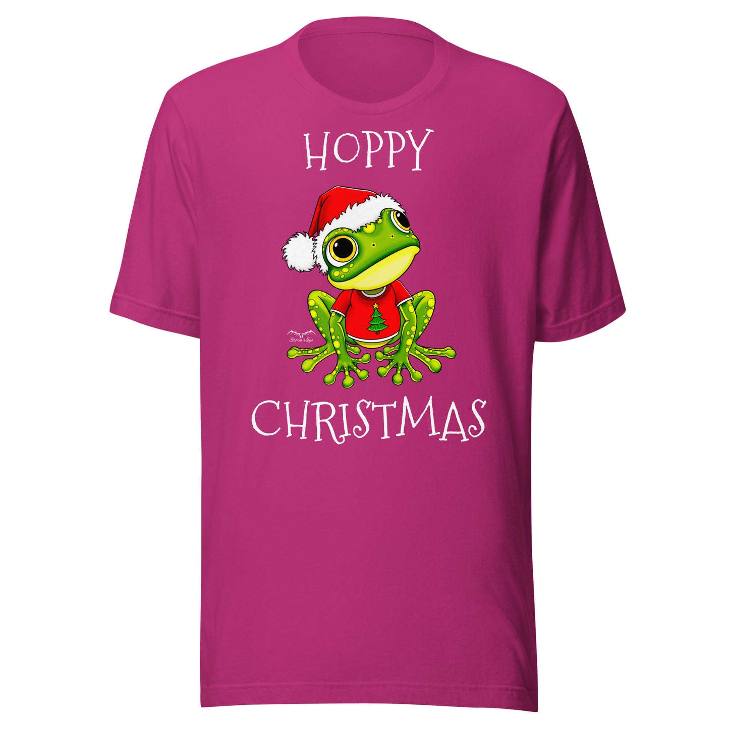 stormseye design hoppy christmas santa frog T shirt, flat view pink
