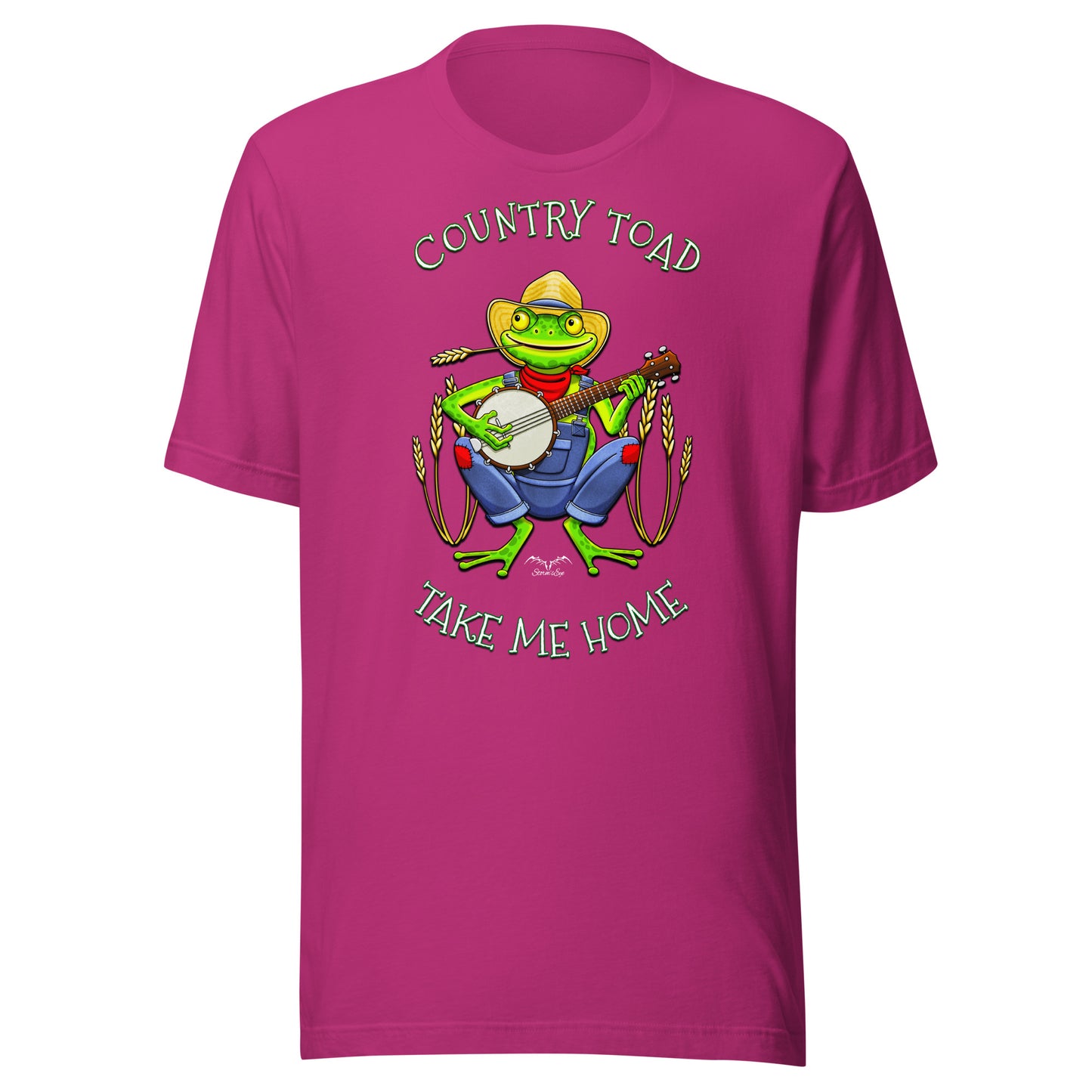 stormseye design country toad banjo T shirt, flat view bright pink