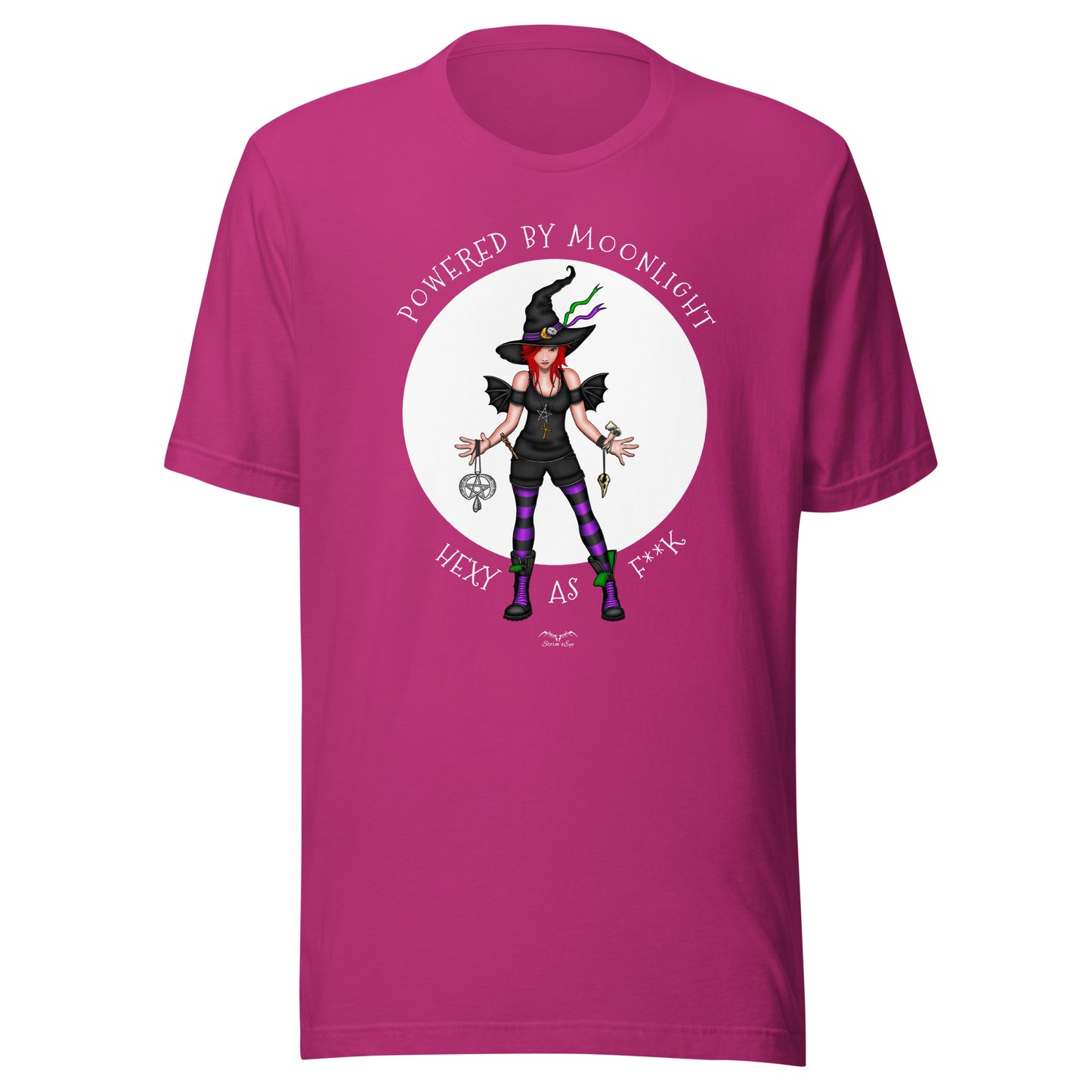 stormseye design hexy witch witchcraft T shirt, flat view pink