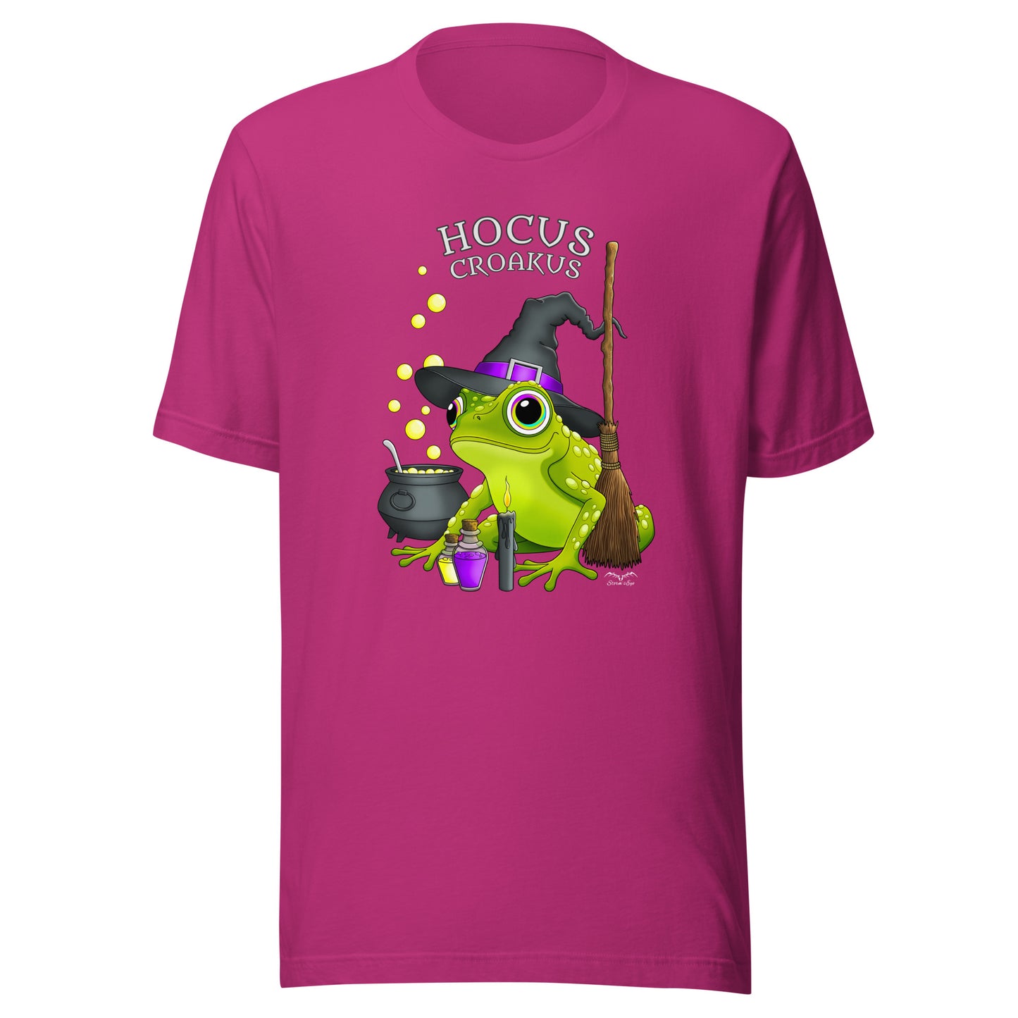 stormseye design witch frog hocus croakus T shirt, flat view bright pink