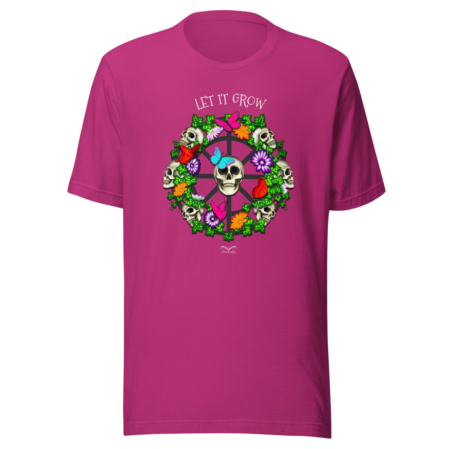 stormseye design skulls and flowers gothic T shirt, flat view pink