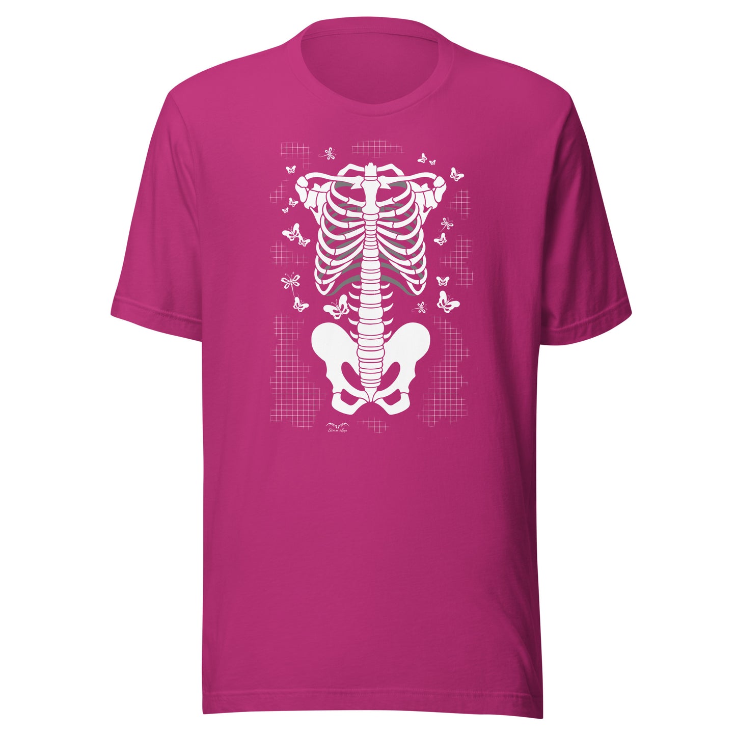 stormseye design skeleton torso gothic T shirt, flat view pink